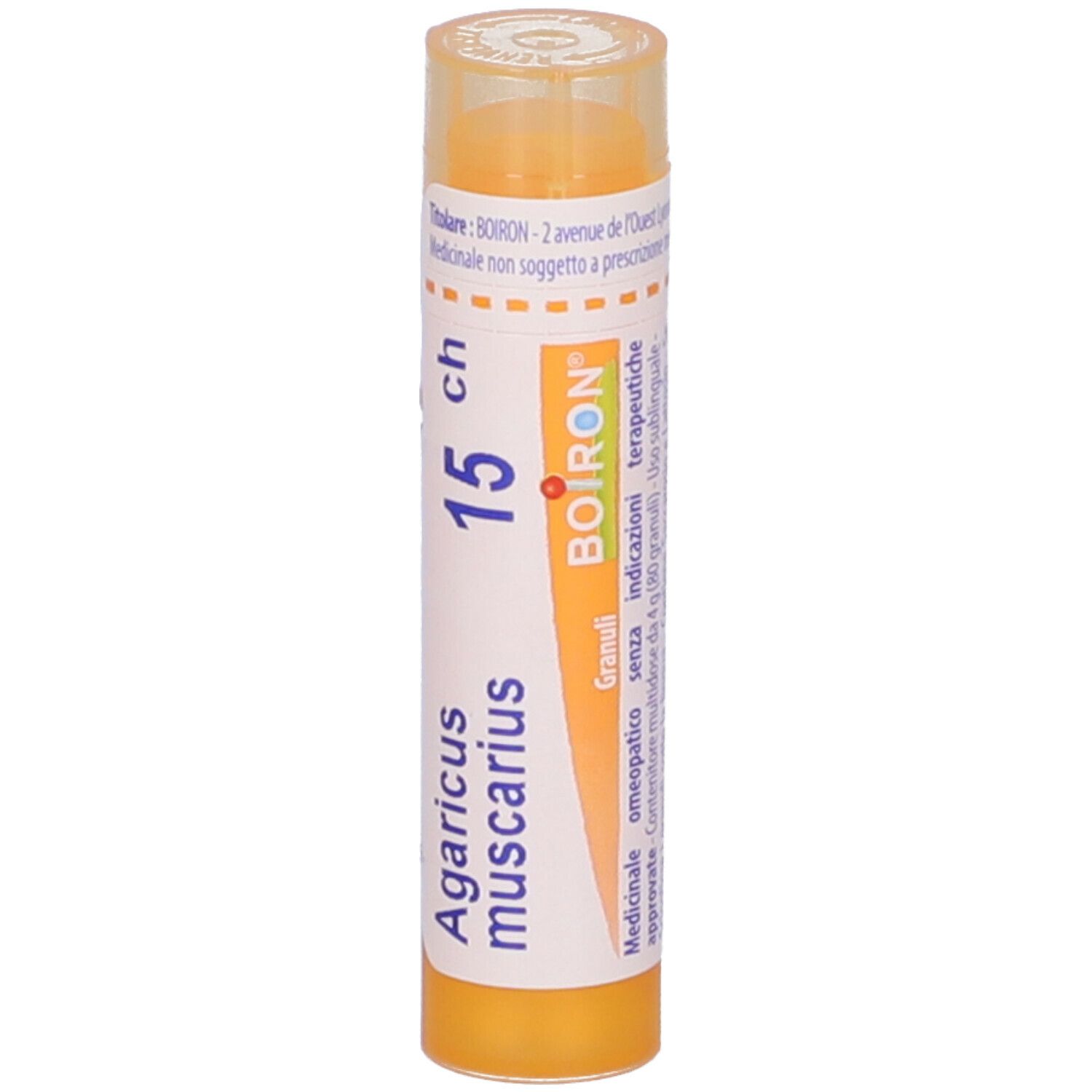 Confezione cilindrica, Agaricus muscarius 15 ch, marchio Boiron. Etichetta giallo-bianca, vista verticale.