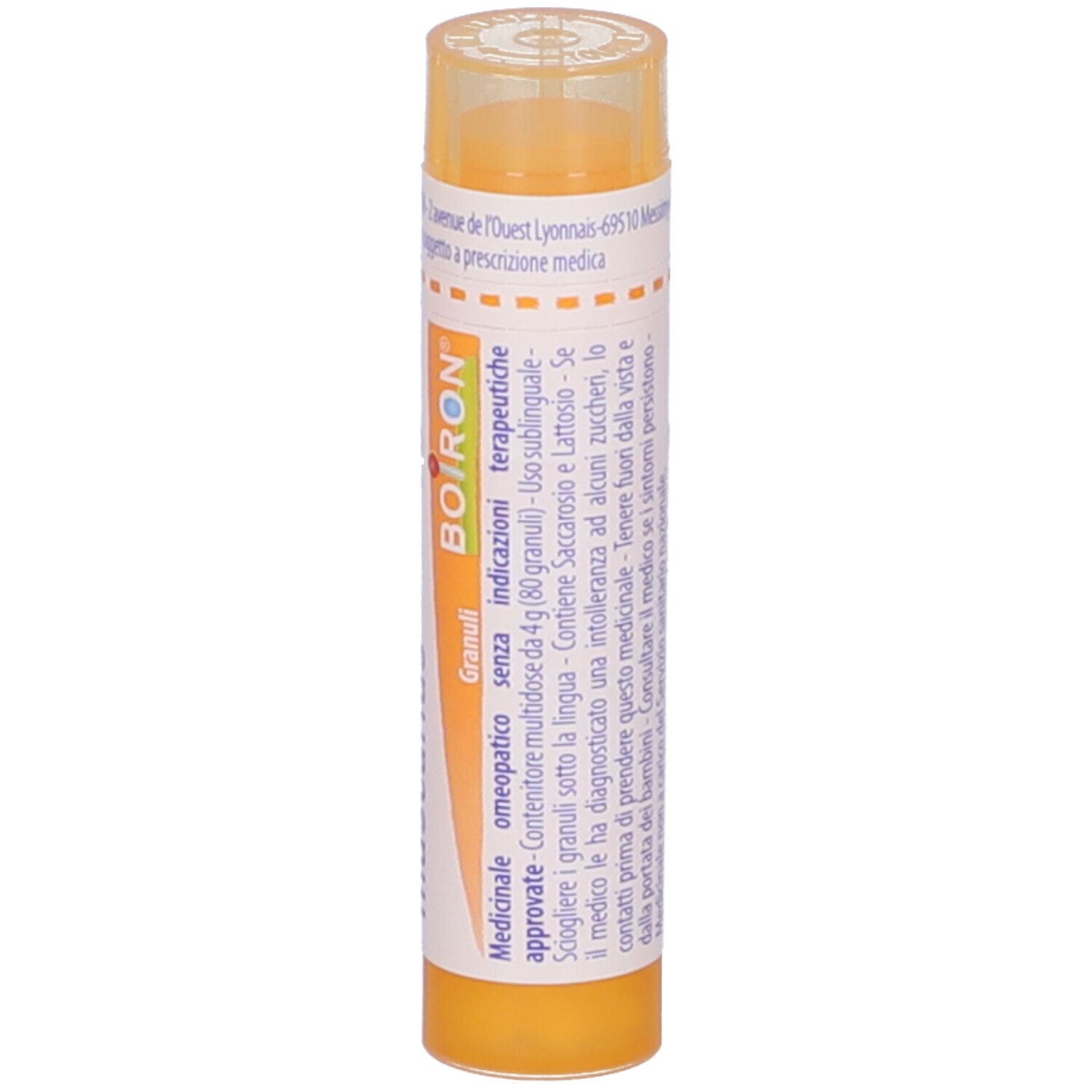 Confezione cilindrica, Agaricus muscarius 15 ch, marchio Boiron. Etichetta giallo-bianca, vista verticale.