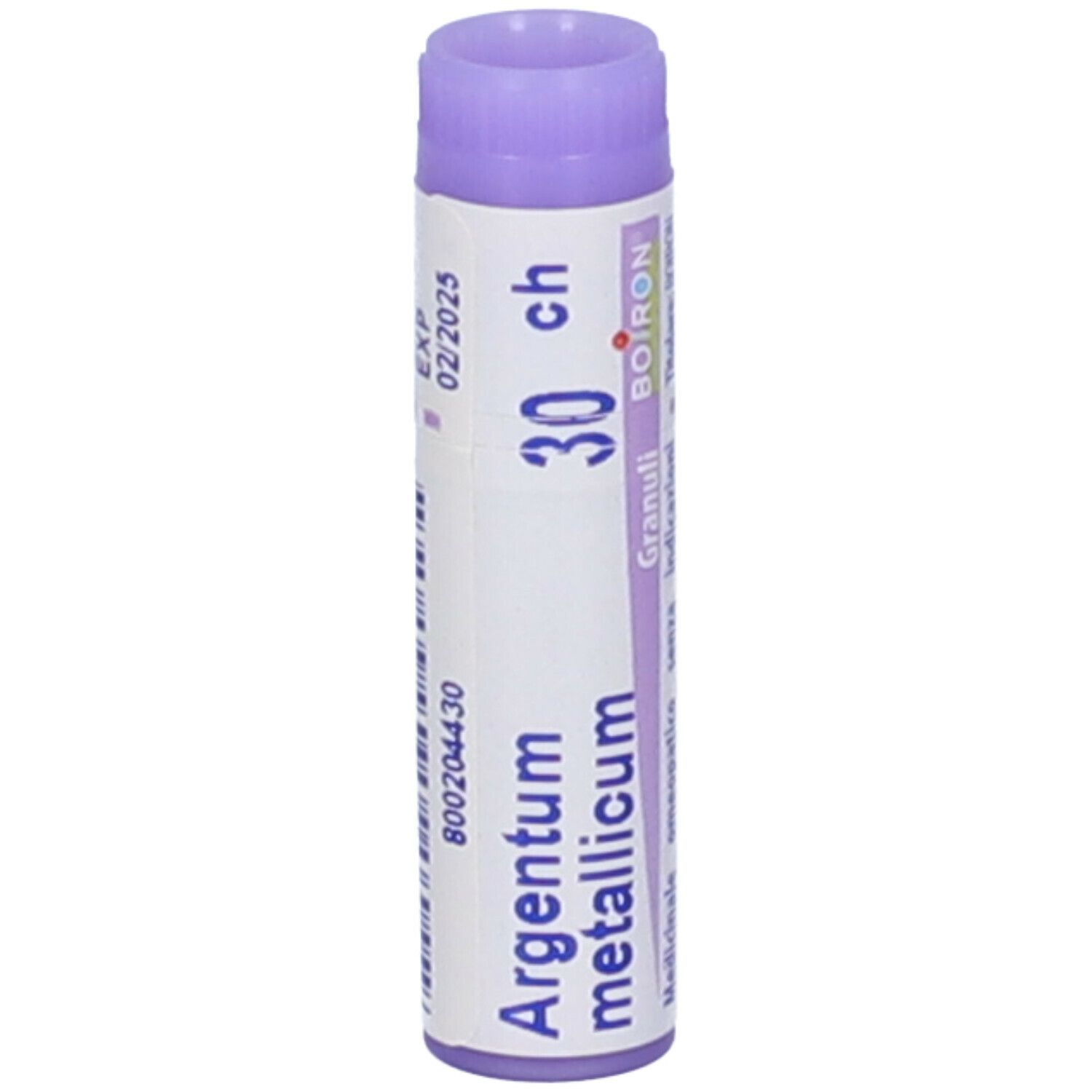Tubo cilindrico, tappo viola. Scritta: Argentum metallicum 30 ch, Boiron. Scadenza 02/2025.