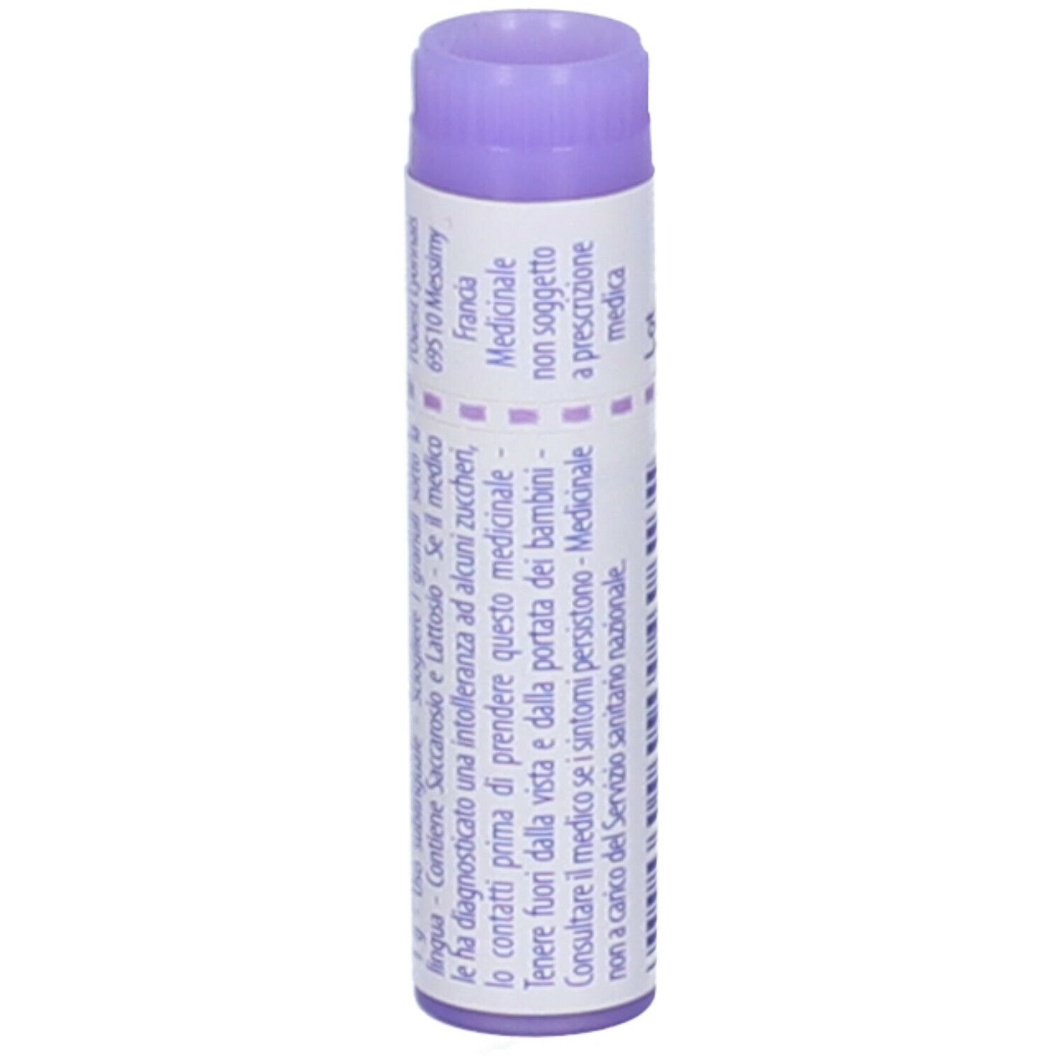Tubo cilindrico, tappo viola. Testo: Informazioni mediche. Scritta: Argentum metallicum 30 ch, Boiron.
