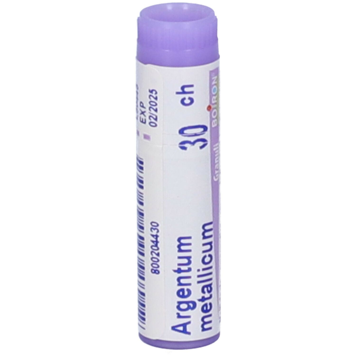 Tubo cilindrico, tappo viola. Scritta: Argentum metallicum 30 ch, Boiron. Scadenza 02/2025.