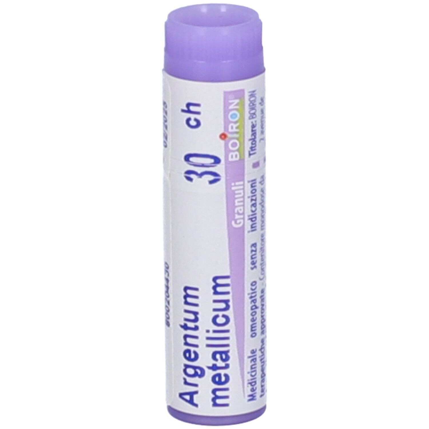 Tubo cilindrico, tappo viola. Scritta: Argentum metallicum 30 ch, Boiron. Testo aggiuntivo.