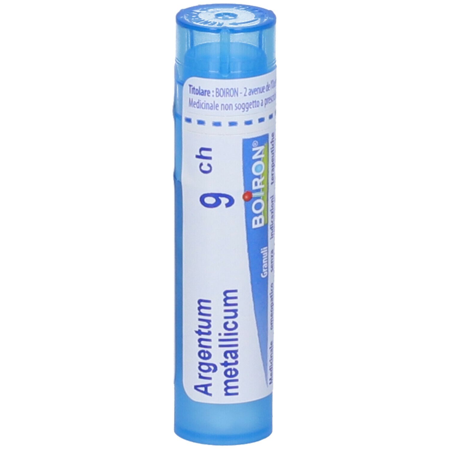 Tubo blu con 'Argentum metallicum 9 ch' e 'BOIRON'. Contiene granuli. Vista verticale.