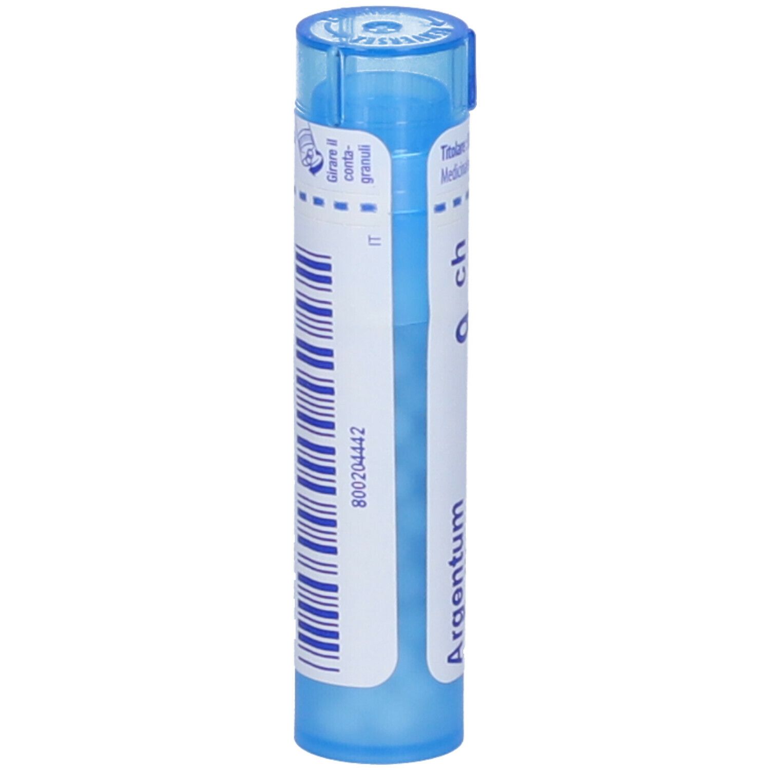 Tubo blu con codice a barre e 'Argentum metallicum 9 ch'. Contiene granuli. Vista verticale.