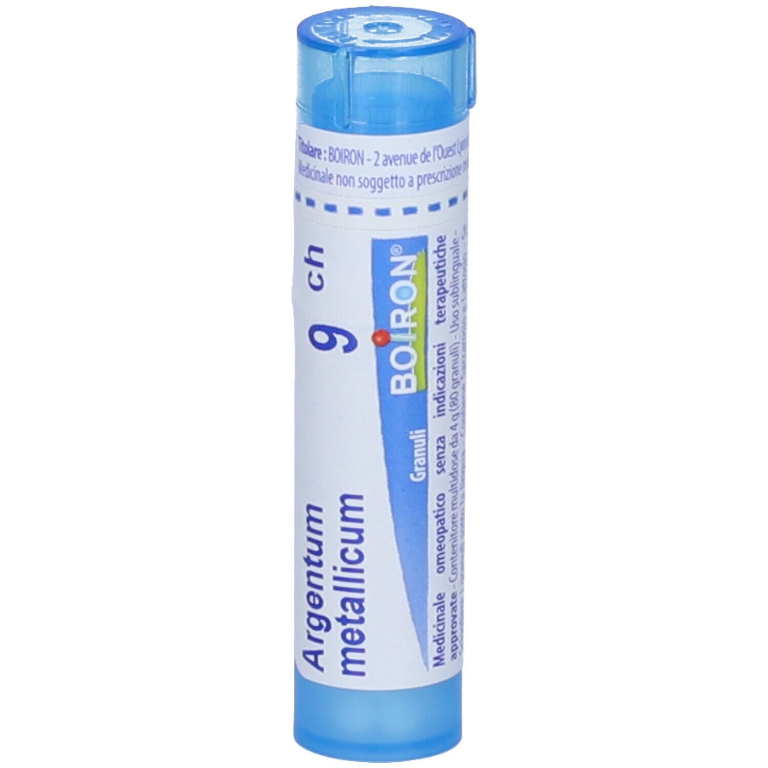 Tubo blu con 'Argentum metallicum 9 ch' e 'BOIRON'. Contiene granuli. Vista verticale.