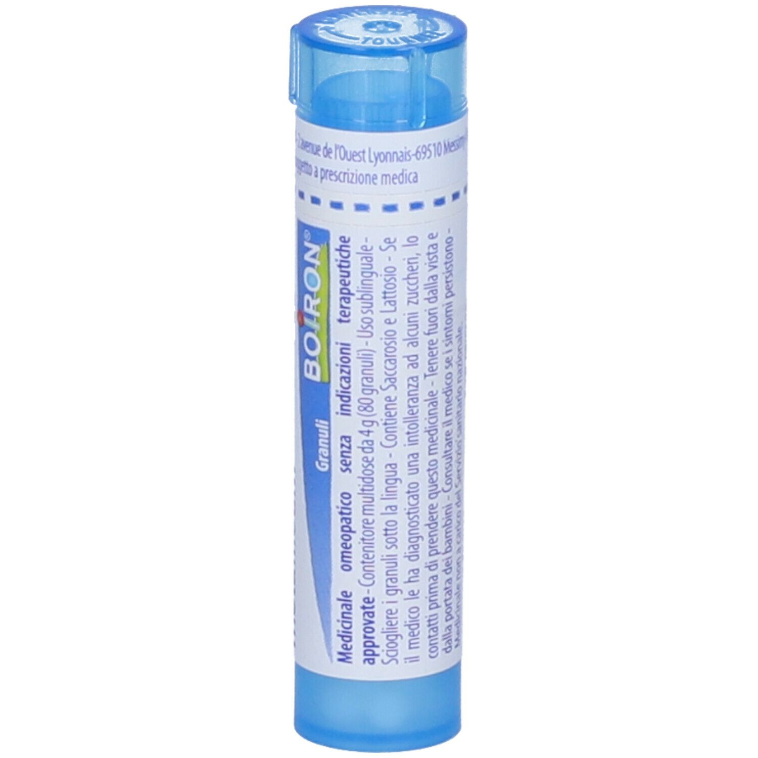 Tubo blu con 'Argentum metallicum 9 ch' e 'BOIRON'. Contiene granuli. Vista verticale.