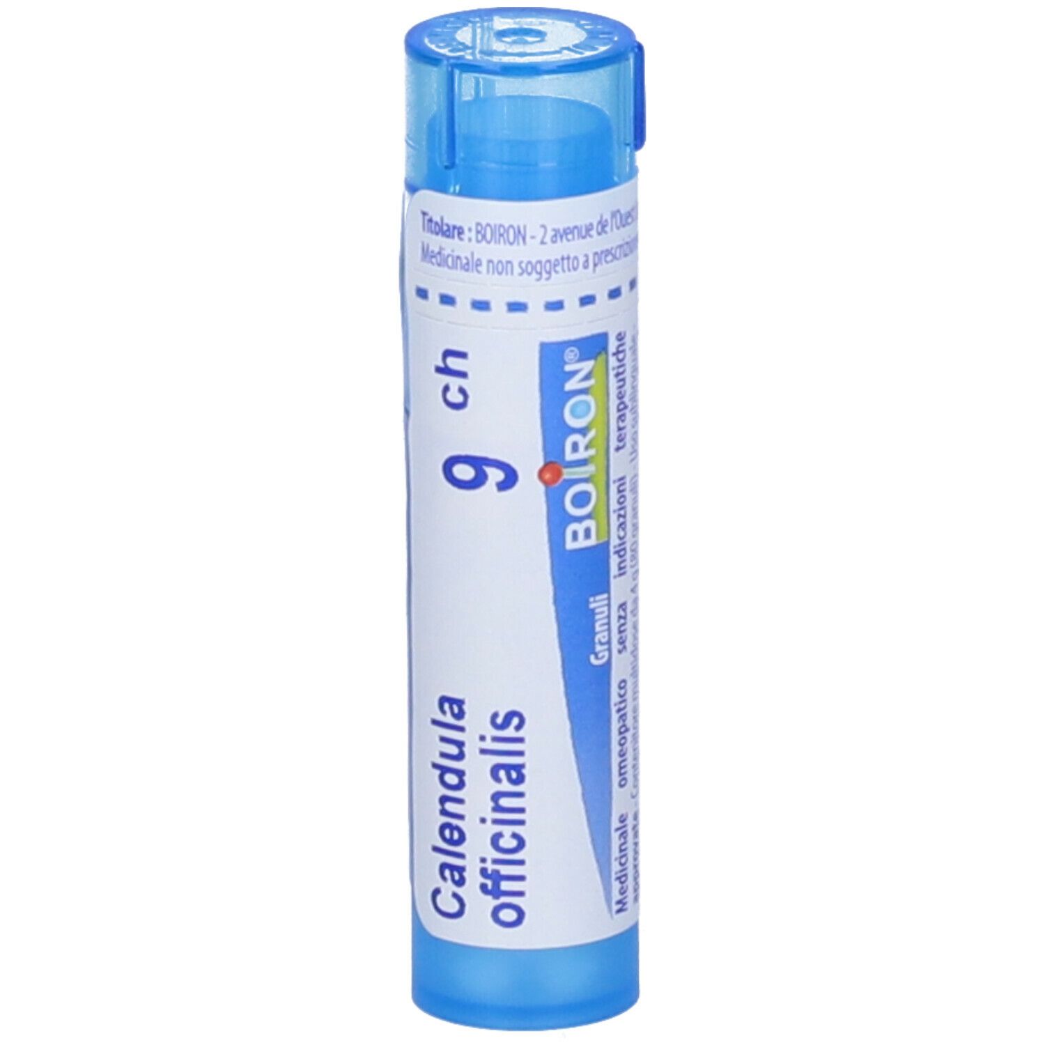 Confezione cilindrica blu. Scritta: Calendula officinalis, 9 ch, BOIRON, Granuli. Con tappo blu.