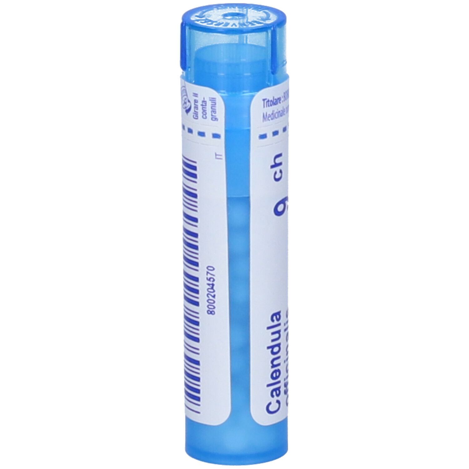 Confezione cilindrica blu. Scritta: Calendula, 9 ch. Con codice a barre e informazioni su etichetta bianca.