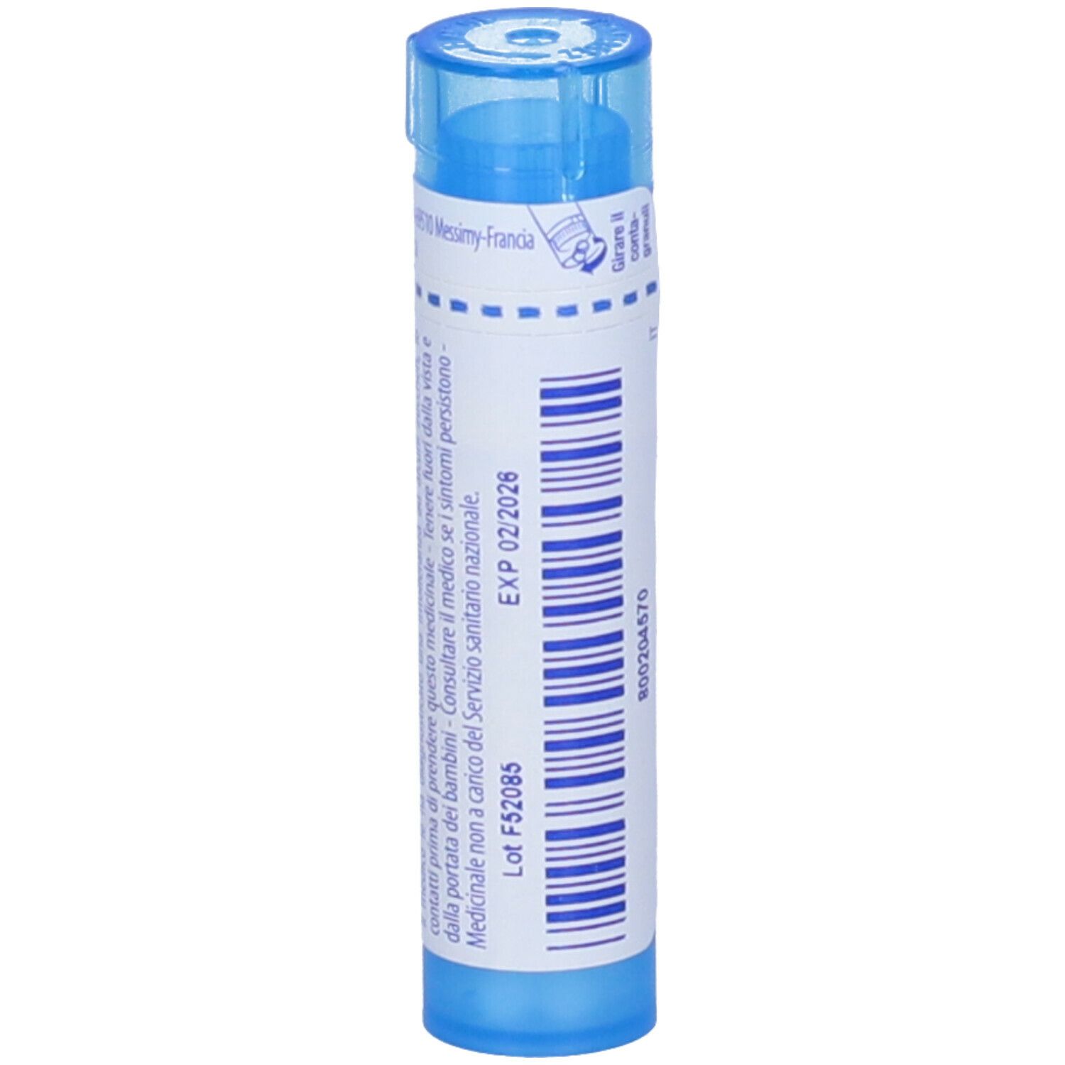 Confezione cilindrica blu. Scritta: EXP 02 2026. Ulteriori informazioni su etichetta bianca.