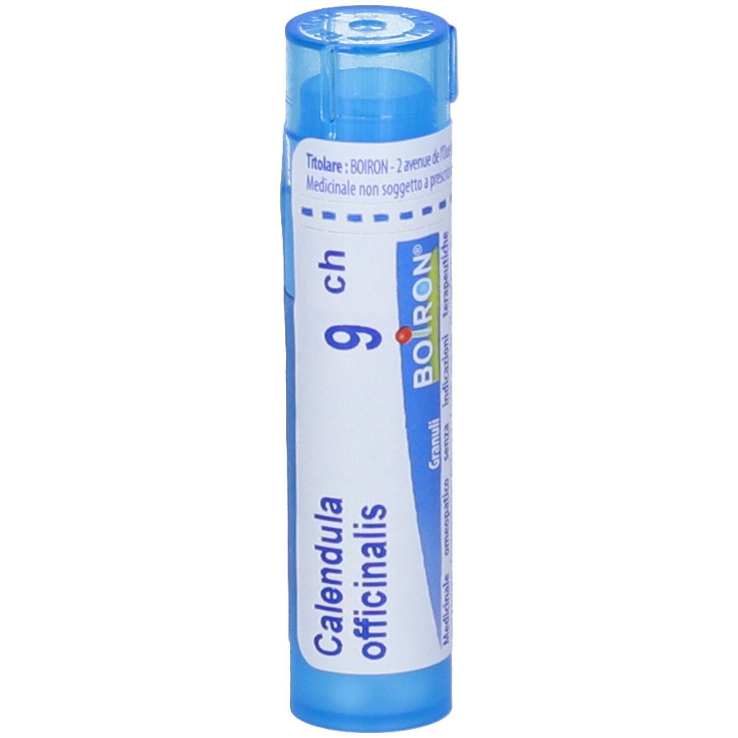 Confezione cilindrica blu. Scritta: Calendula officinalis, 9 ch, BOIRON, Granuli. Con punto rosso.