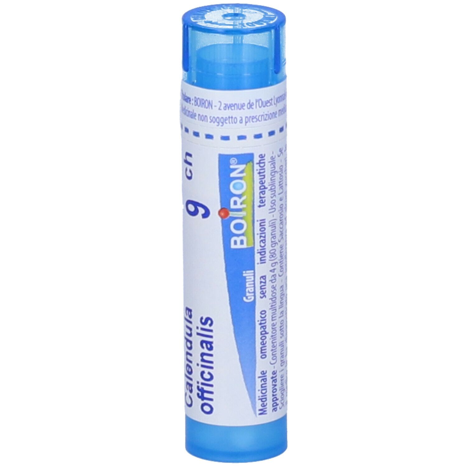 Confezione cilindrica blu. Scritta: Calendula officinalis, 9 ch, BOIRON, Granuli. Con ulteriori informazioni.