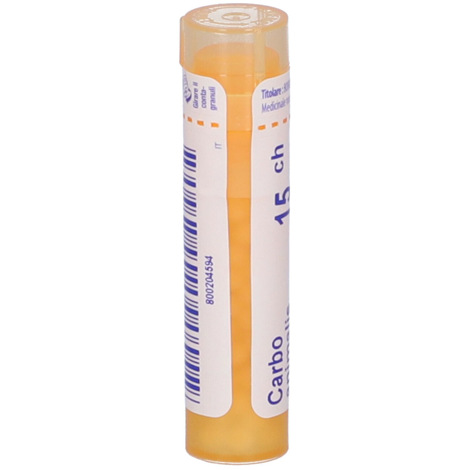 Tubo cilindrico giallo con etichetta bianca. Scritta: Carbo animalis, 15 ch, BOIRON. Granuli.