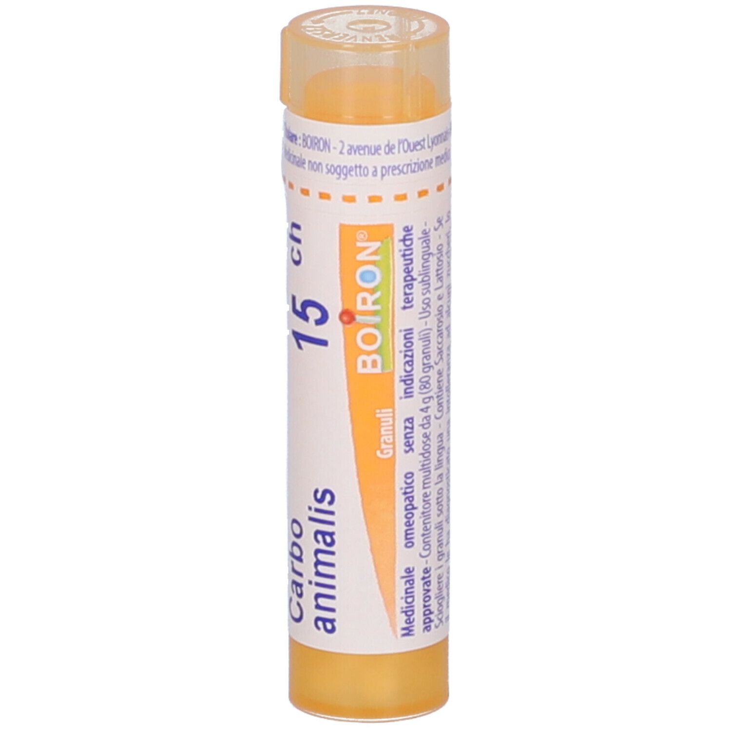 Tubo cilindrico giallo con etichetta bianca. Scritta: Carbo animalis, 15 ch, BOIRON. Granuli.