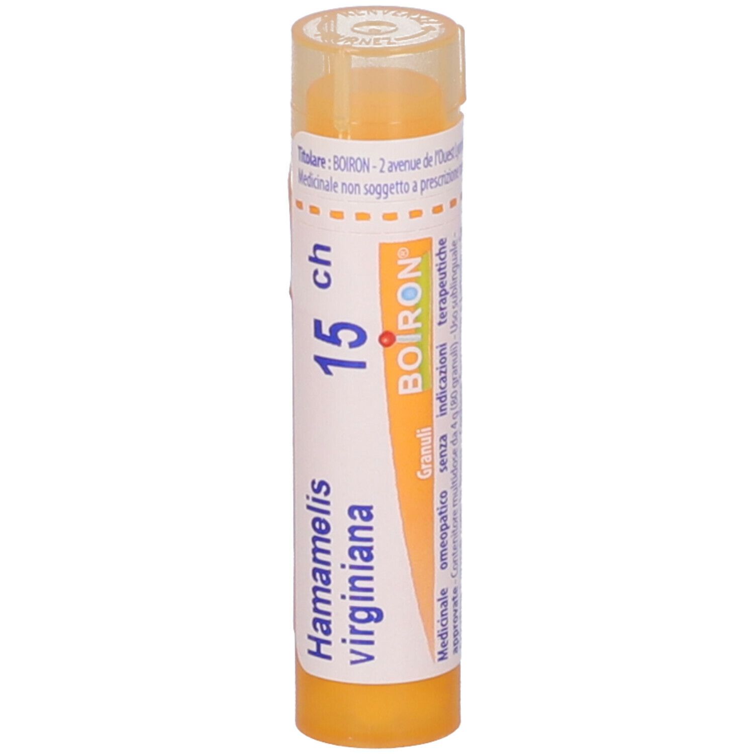 Confezione cilindrica, gialla. Scritta: Hamamelis virginiana, 15 ch, BOIRON. Granuli. Vista verticale.