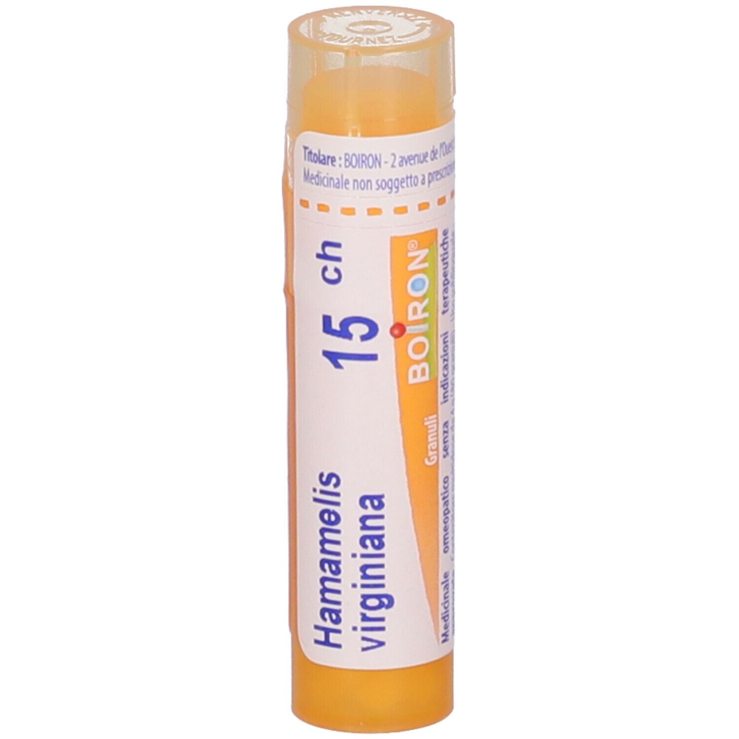 Confezione cilindrica, gialla. Scritta: Hamamelis virginiana, 15 ch, BOIRON. Granuli. Vista verticale.