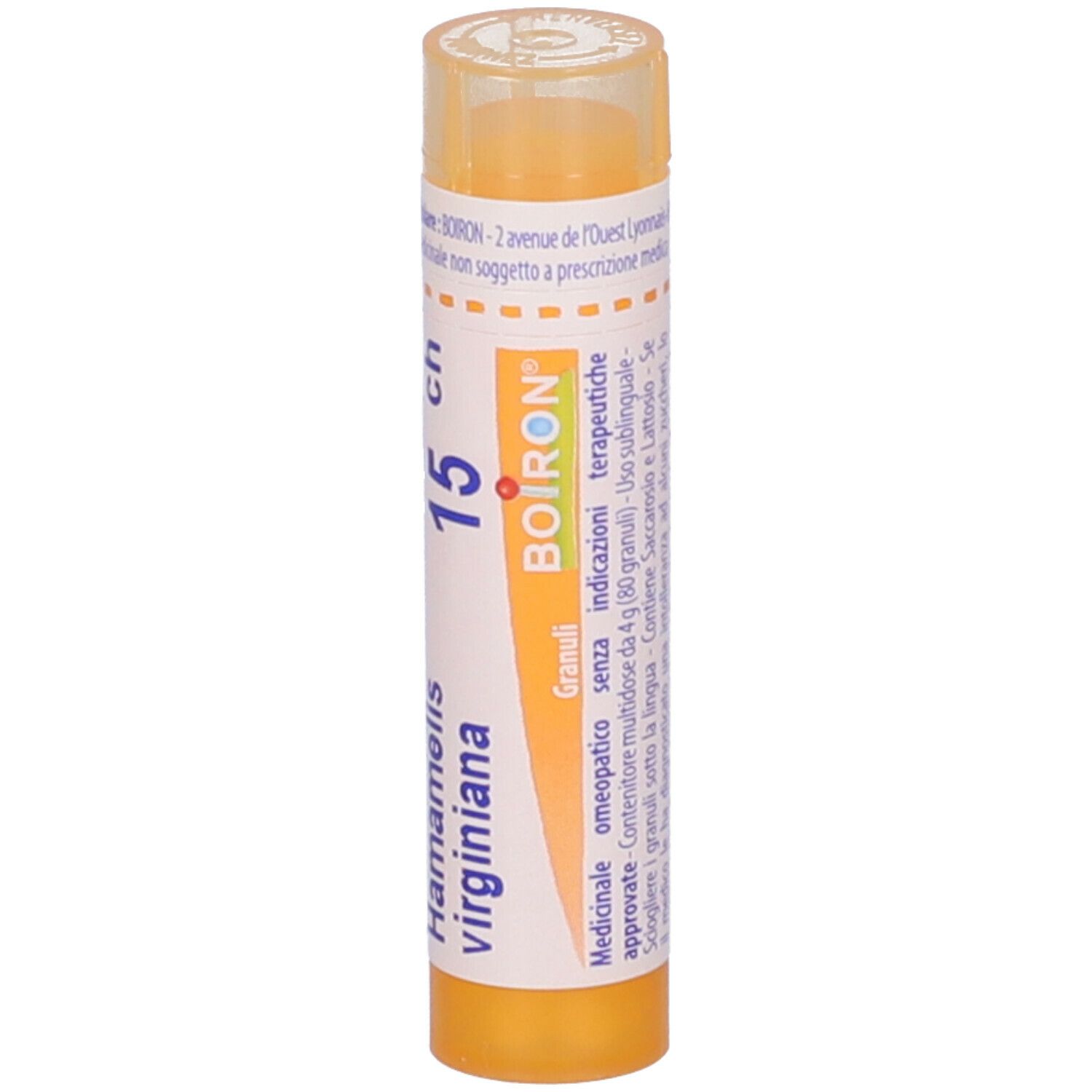 Confezione cilindrica, gialla. Scritta: Hamamelis virginiana, 15 ch, BOIRON. Granuli. Ulteriori informazioni.