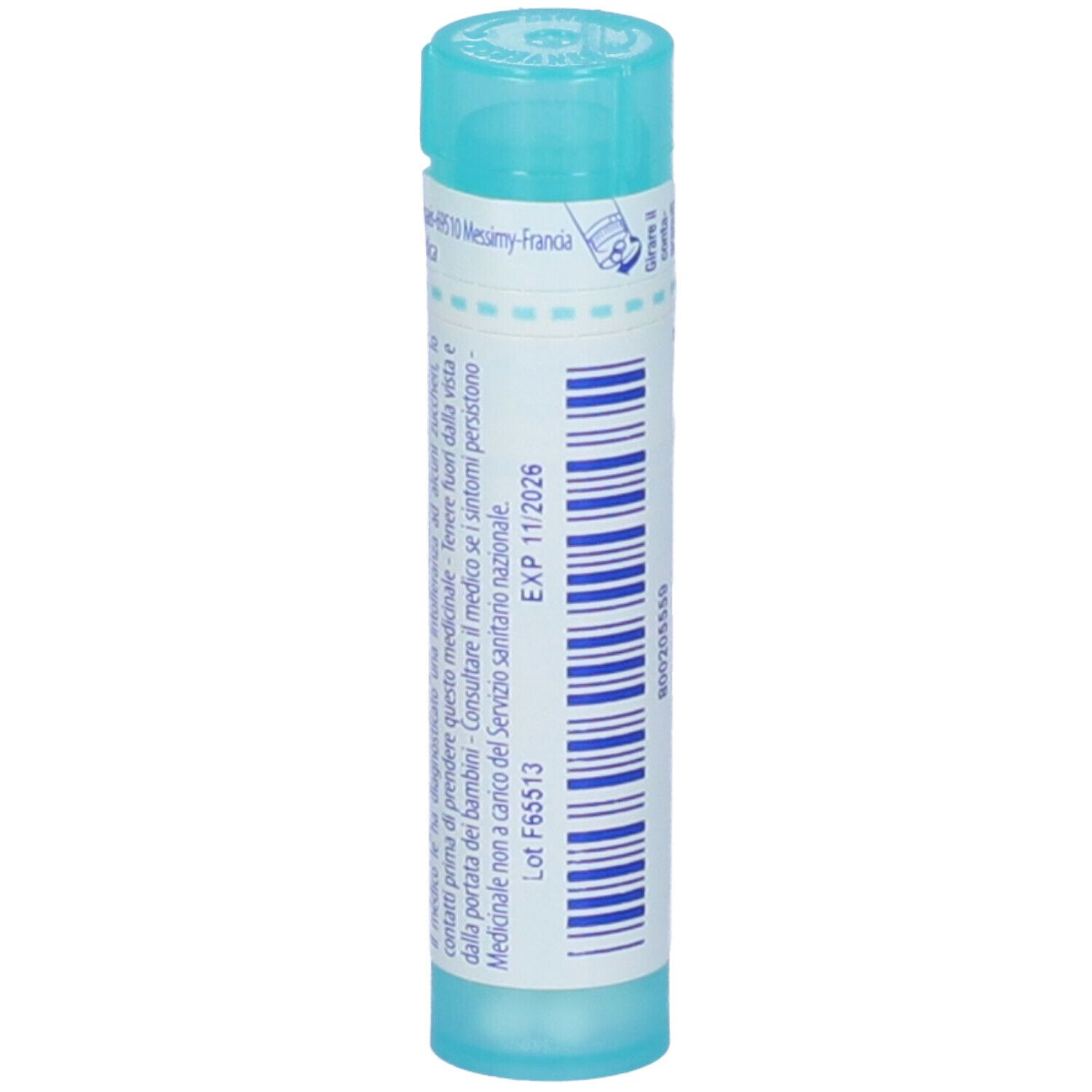 Confezione cilindrica Silicea 200 ch, Boiron. Colori turchese e bianco. Scritte e data di scadenza. Vista verticale.