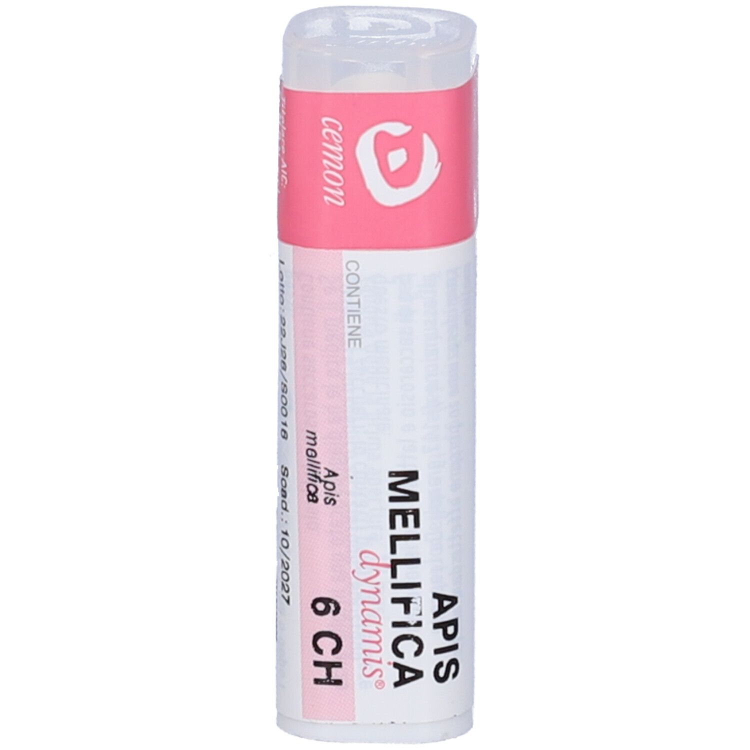Confezione cilindrica con fascia rosa. Scritta: Apis mellifica 6 CH. Marchio Cemon.