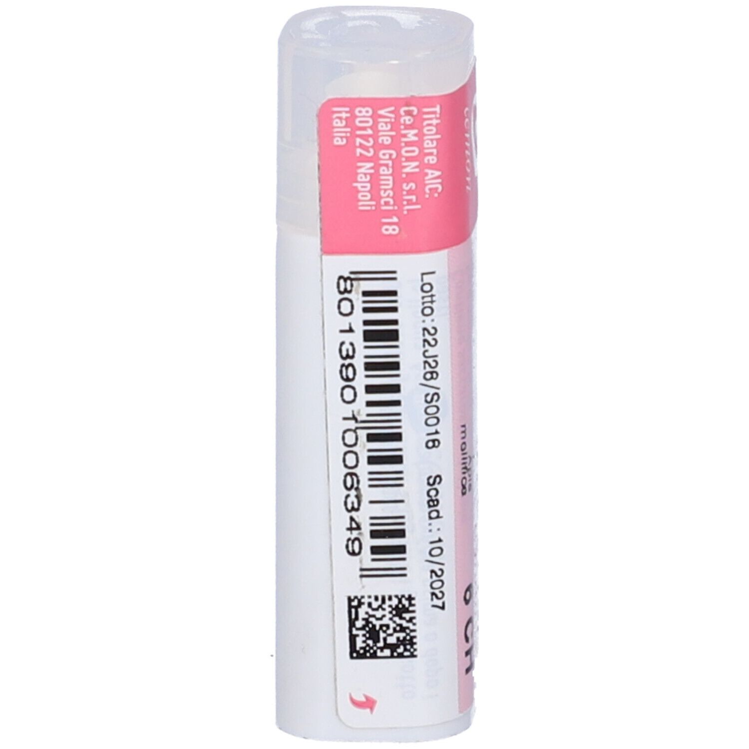 Confezione cilindrica con fascia rosa. Scritta: Apis mellifica 6 CH. Marchio Cemon.