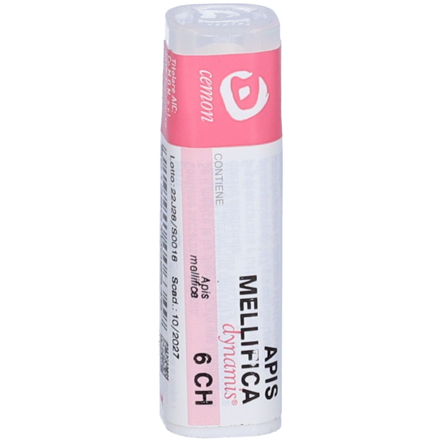 Confezione cilindrica con fascia rosa. Scritta: Apis mellifica 6 CH. Marchio Cemon.