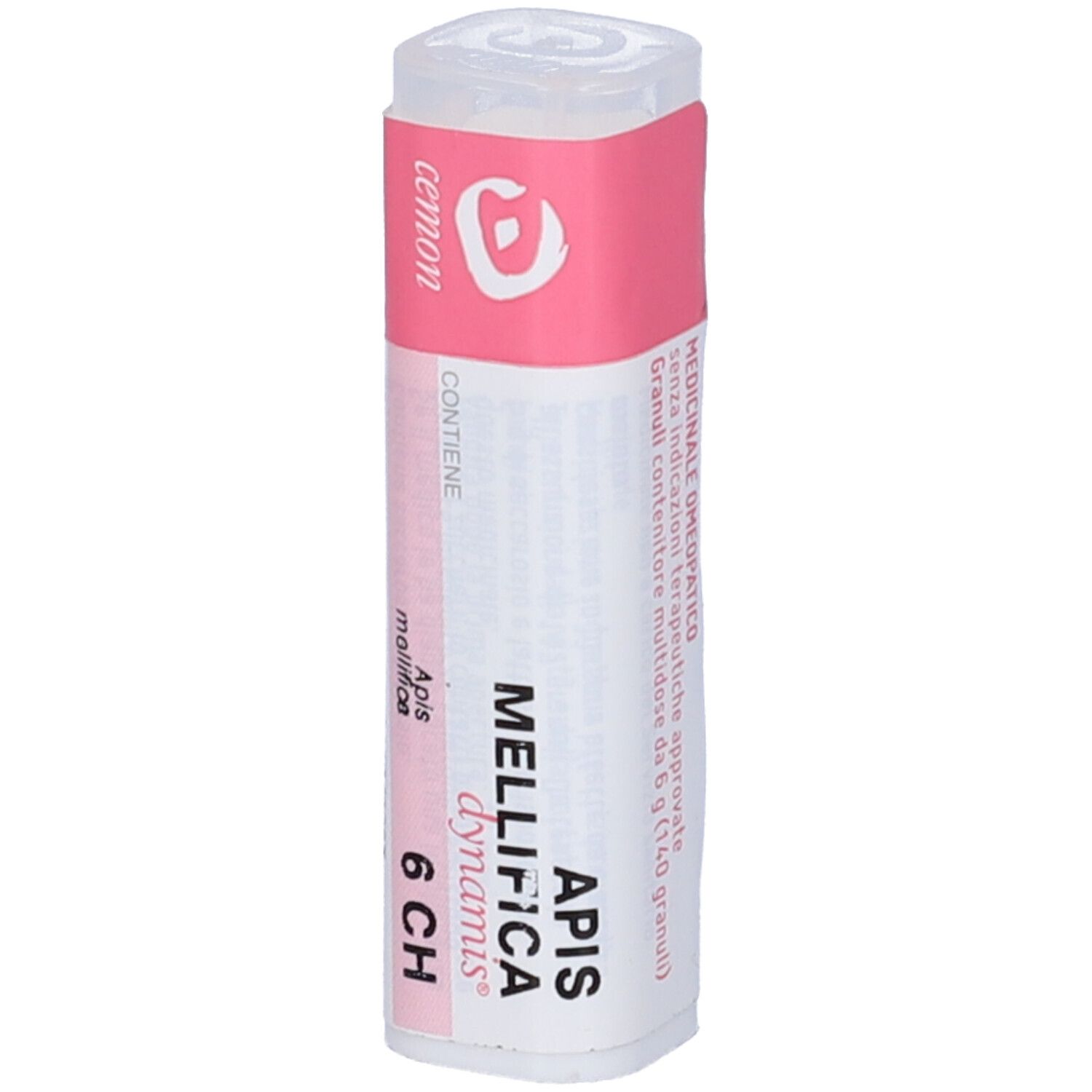 Confezione cilindrica con fascia rosa. Scritta: Apis mellifica 6 CH. Marchio Cemon.