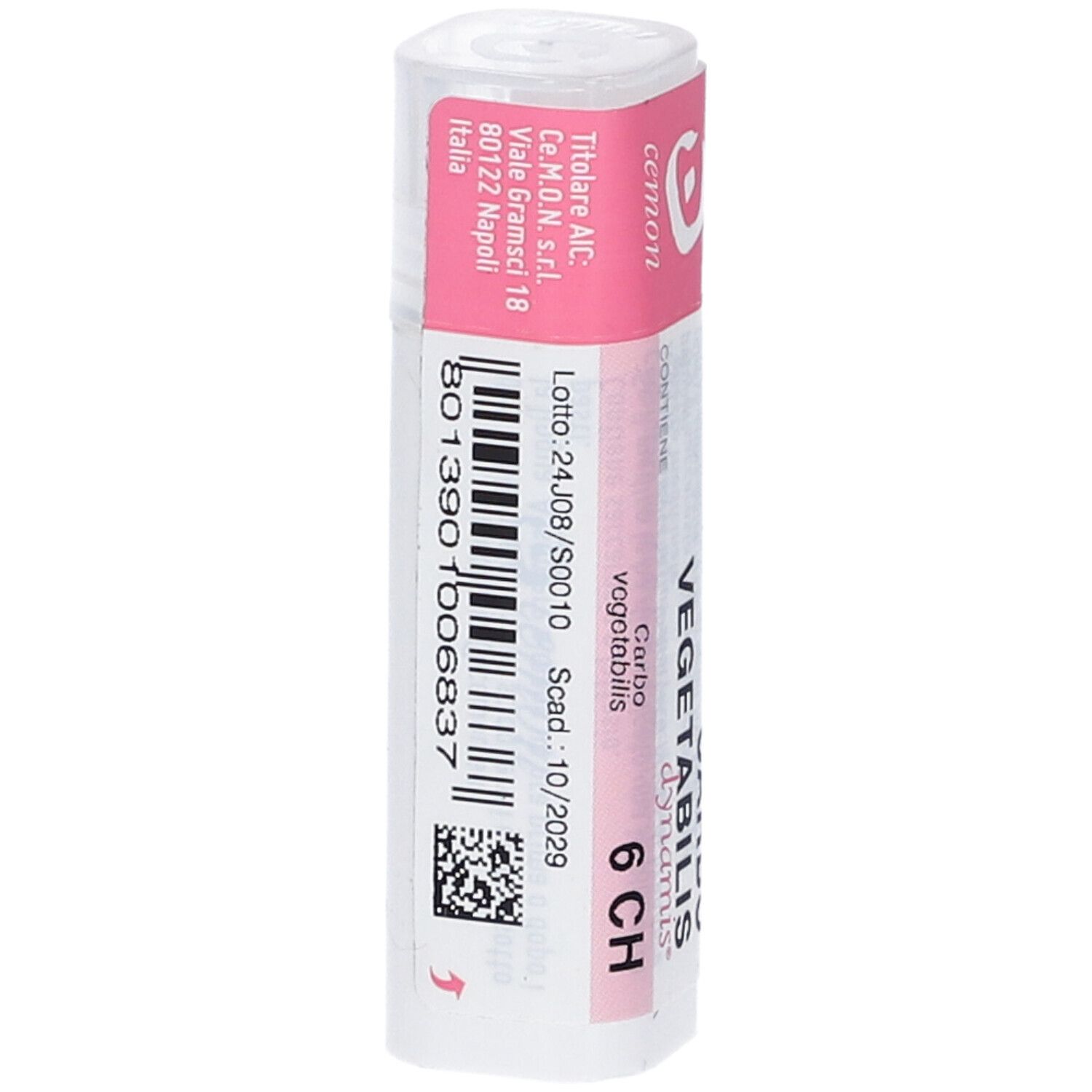 Confezione cilindrica con fascia rosa. Scritta: Carbo vegetabilis 6 CH, Cemon. Codice a barre e testo.
