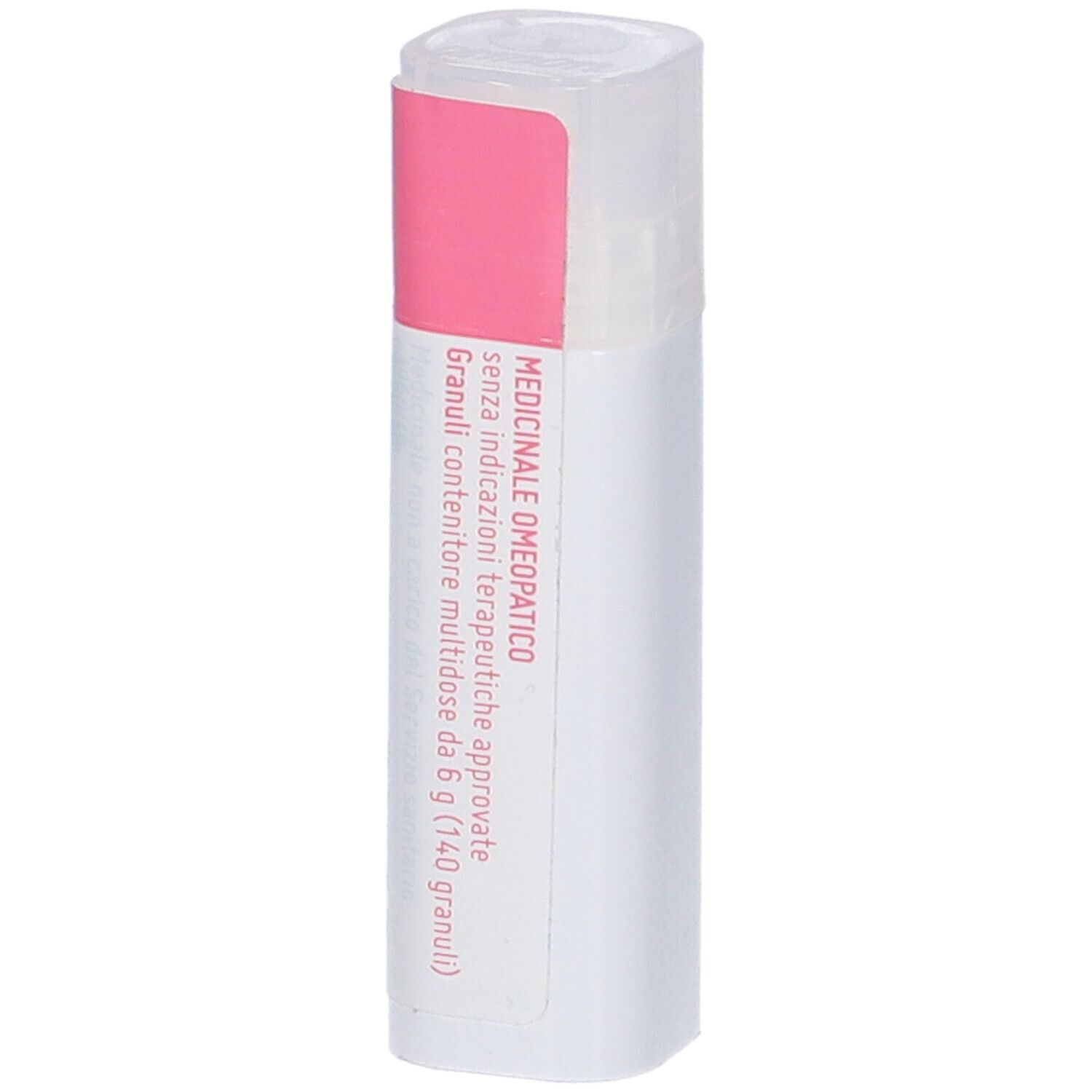 Confezione cilindrica con fascia rosa. Testo: Medicinale omeopatico. Sfondo bianco.