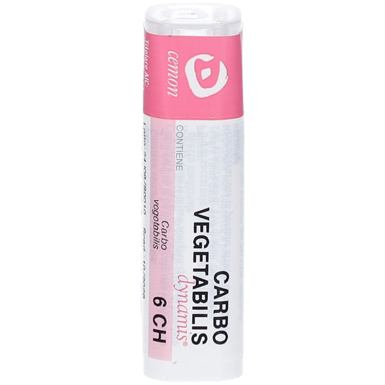 Confezione cilindrica con fascia rosa. Scritta: Carbo vegetabilis 6 CH, Cemon. Sfondo bianco.
