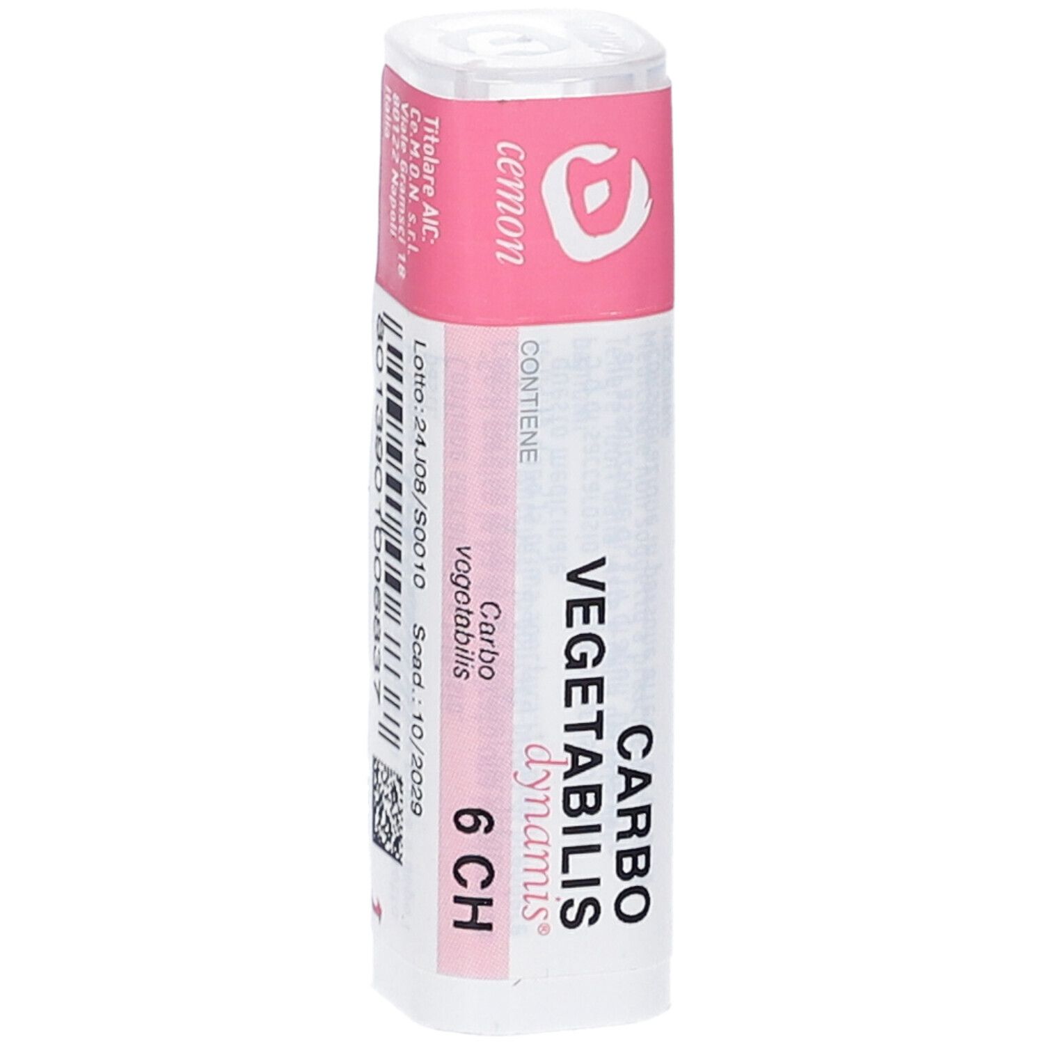Confezione cilindrica con fascia rosa. Scritta: Carbo vegetabilis 6 CH, Cemon. Codice a barre e testo.