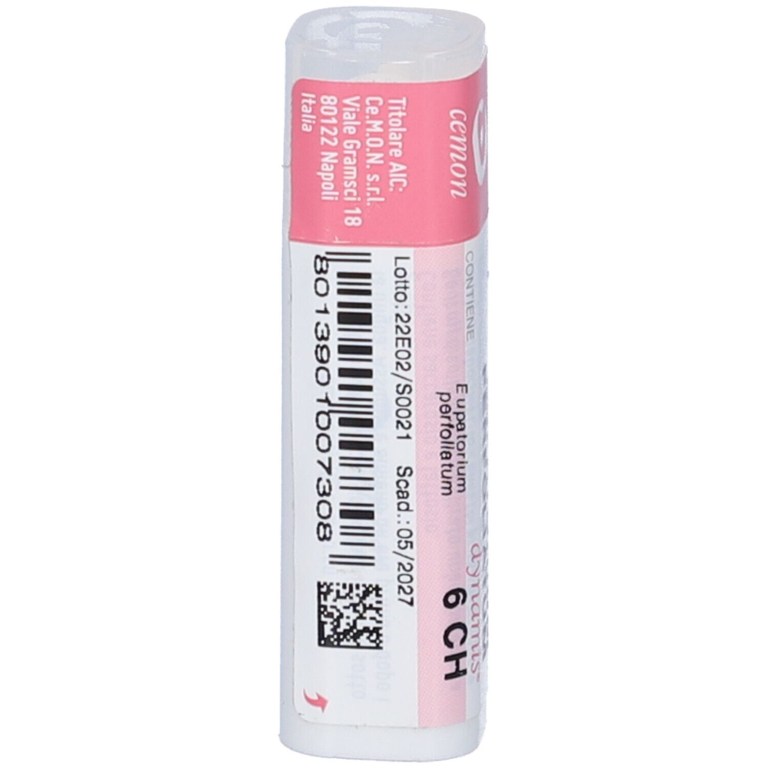 Confezione cilindrica. Etichetta rosa e bianca con codice a barre, numero di lotto e data di scadenza. Marchio Cemon, nome prodotto Eupatorium Perfoliatum 6 CH.