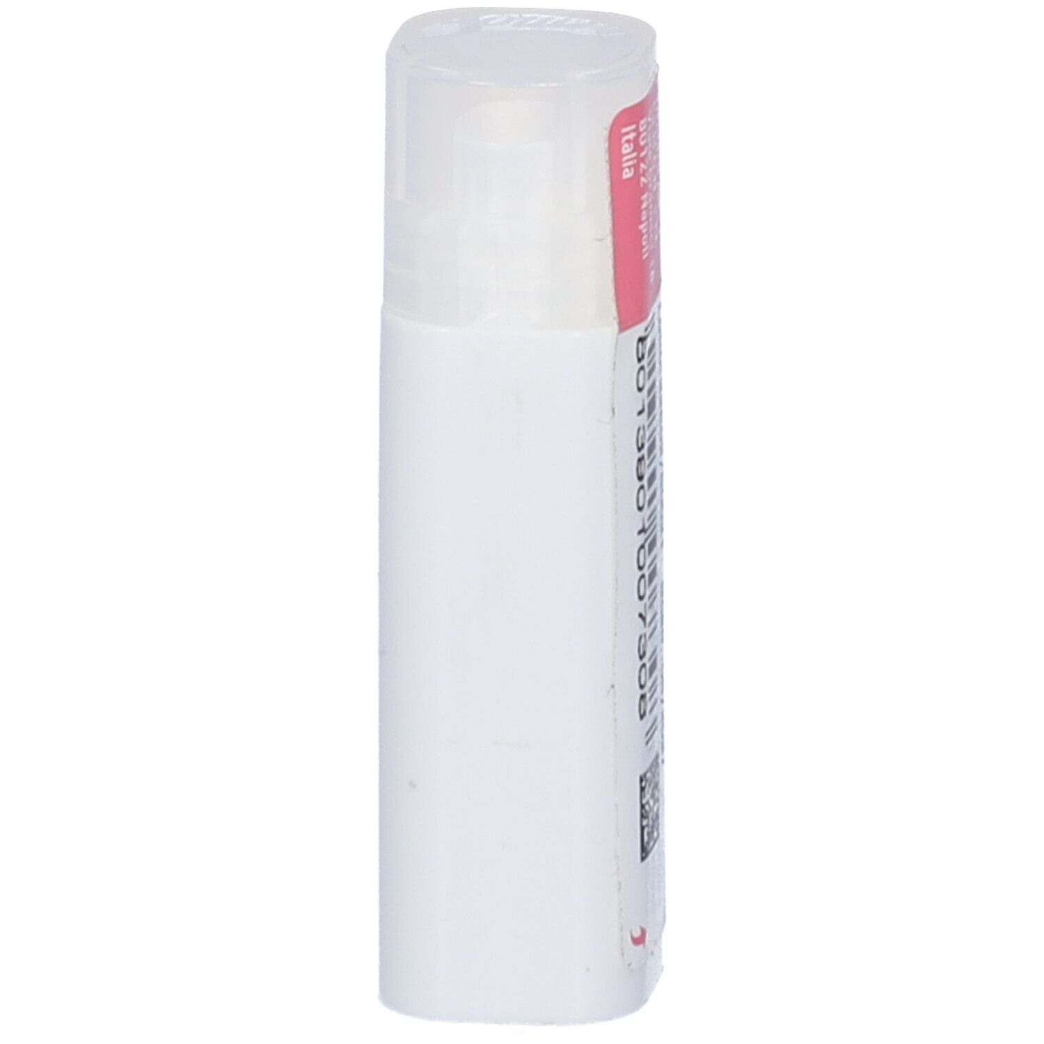 Confezione cilindrica bianca con etichetta rosa. Contiene informazioni come marchio, nome del prodotto e numero di lotto. Coperchio trasparente.