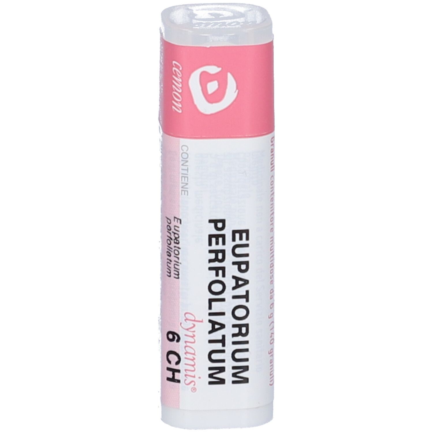 Confezione cilindrica. Etichetta rosa e bianca con nome prodotto e marchio Cemon. Contiene granuli Eupatorium Perfoliatum 6 CH.