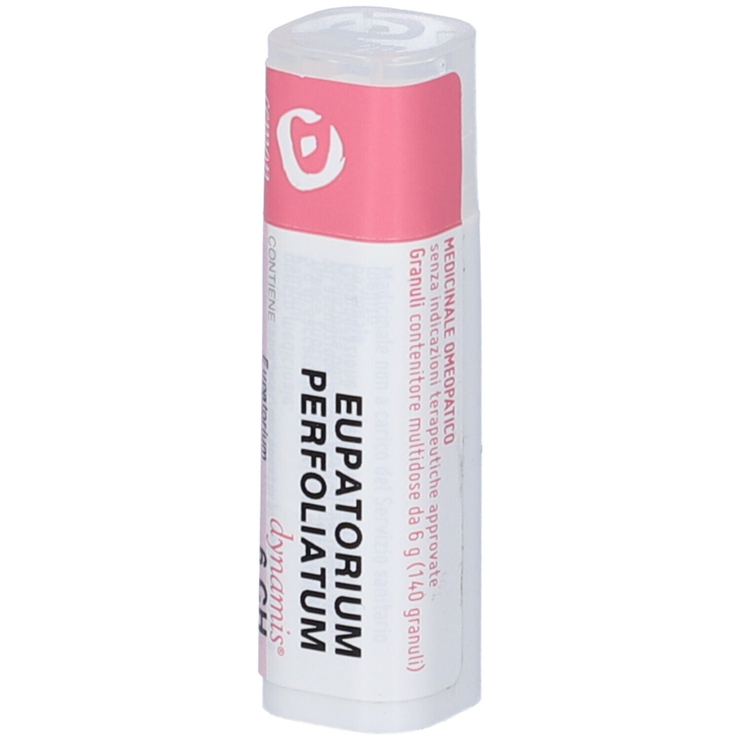 Confezione cilindrica. Etichetta rosa e bianca con nome prodotto e marchio Cemon. Contiene granuli Eupatorium Perfoliatum 6 CH.