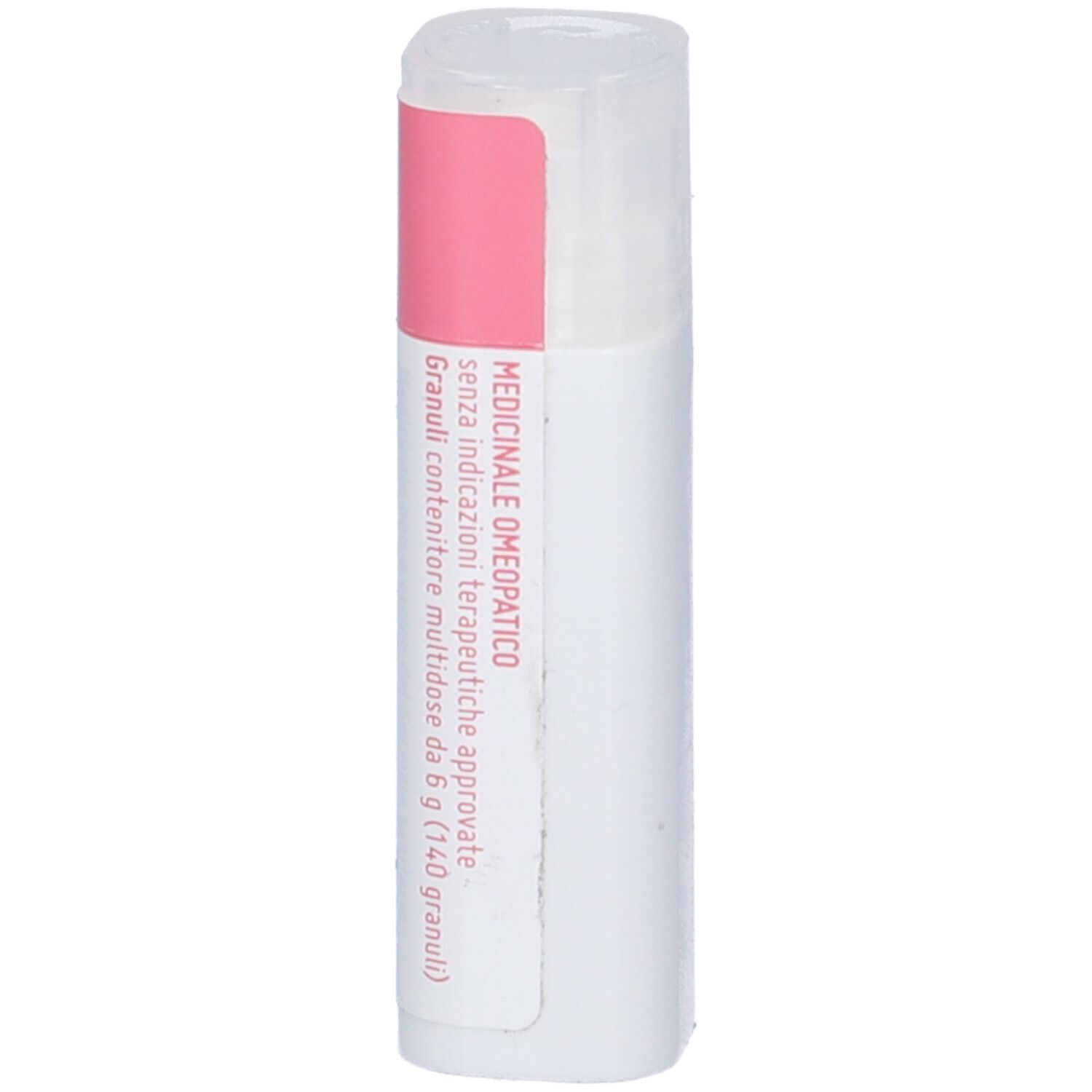 Confezione cilindrica bianca con etichetta rosa. Contiene informazioni come marchio, nome del prodotto e numero di lotto. Coperchio trasparente.