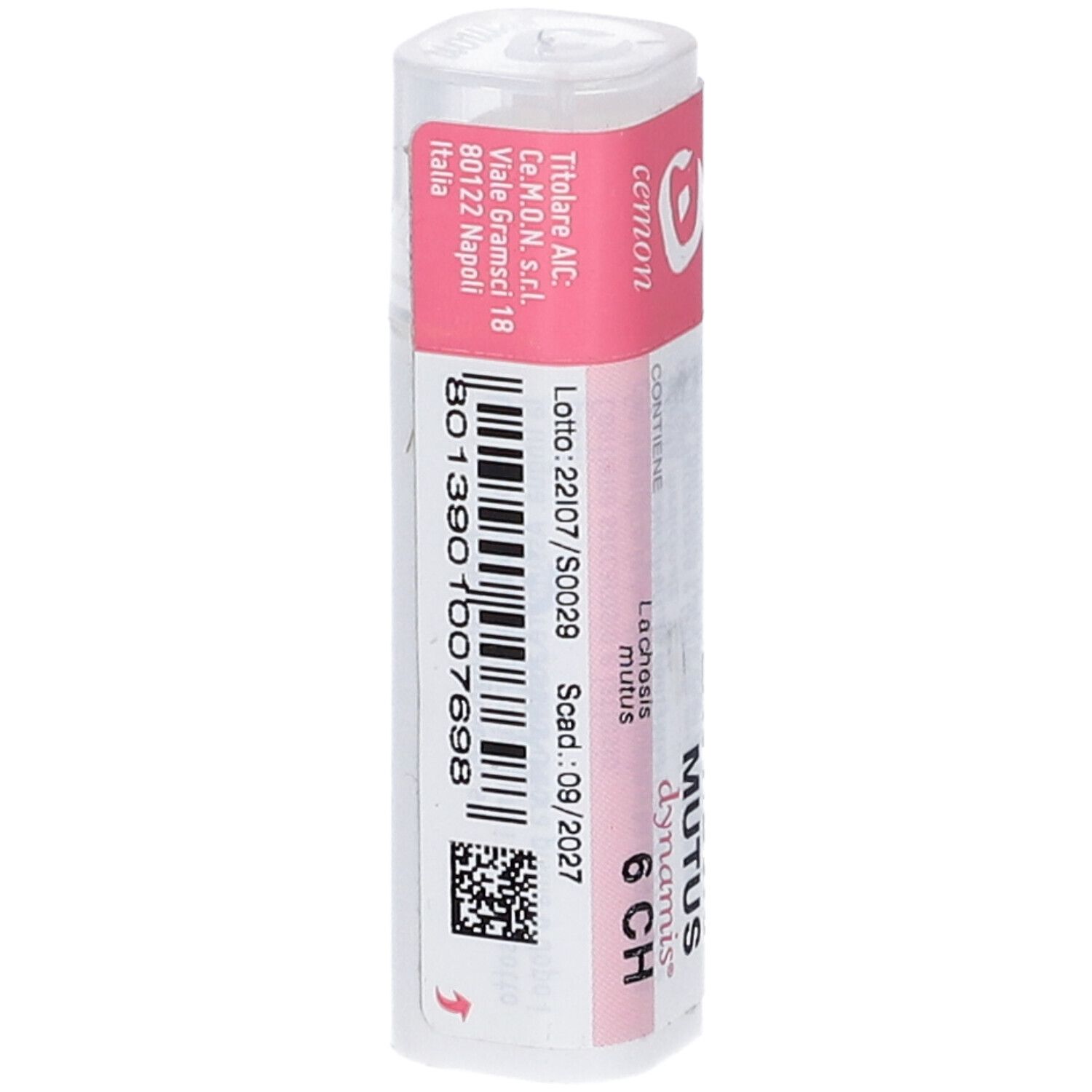 Confezione cilindrica con etichetta rosa. Contiene: Lachesis Mutus 6 CH, Cemon. Codice a barre e scadenza.