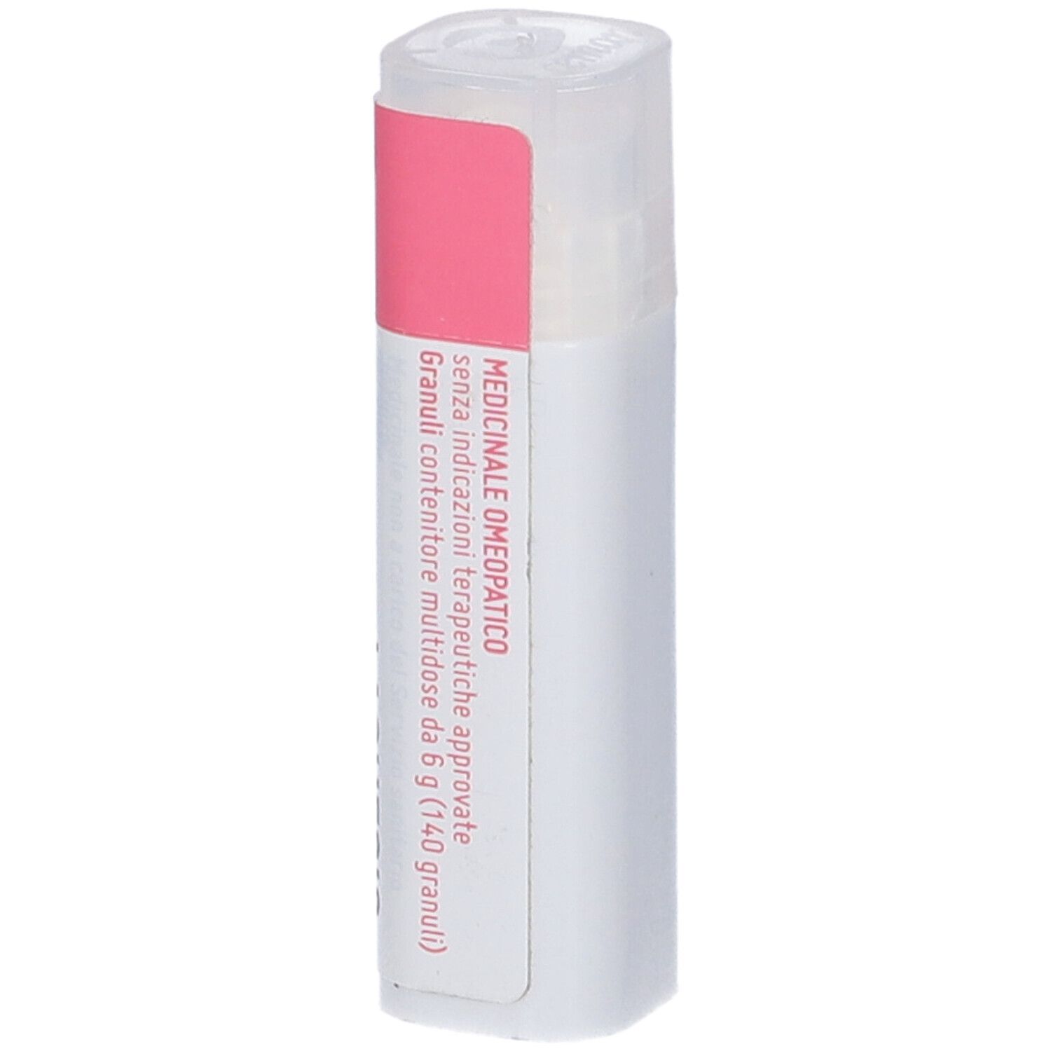 Confezione cilindrica bianca con etichetta rosa. Testo: Medicinale omeopatico. Tappo bianco.