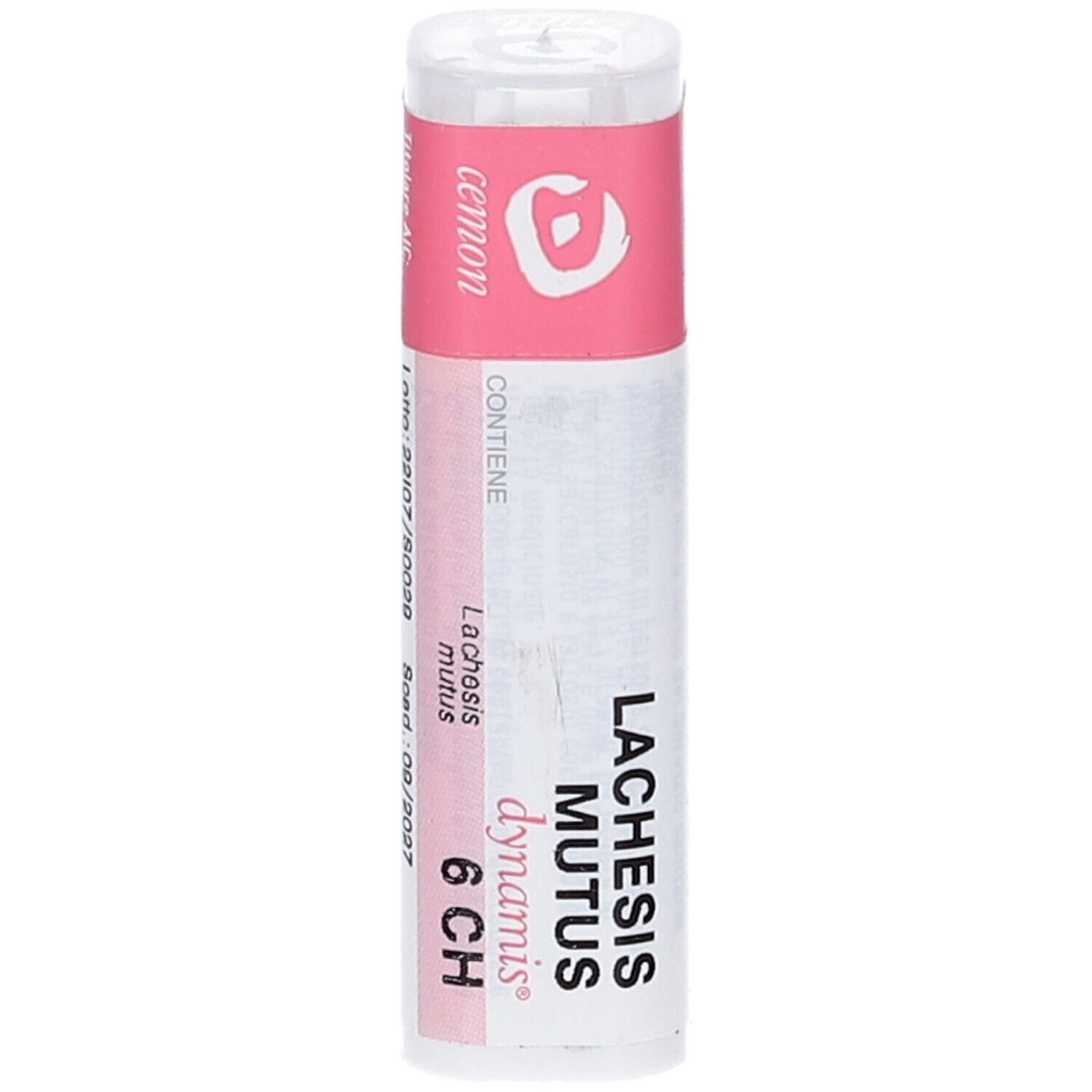 Confezione cilindrica con etichetta rosa. Contiene: Lachesis Mutus 6 CH, Cemon. Tappo bianco.