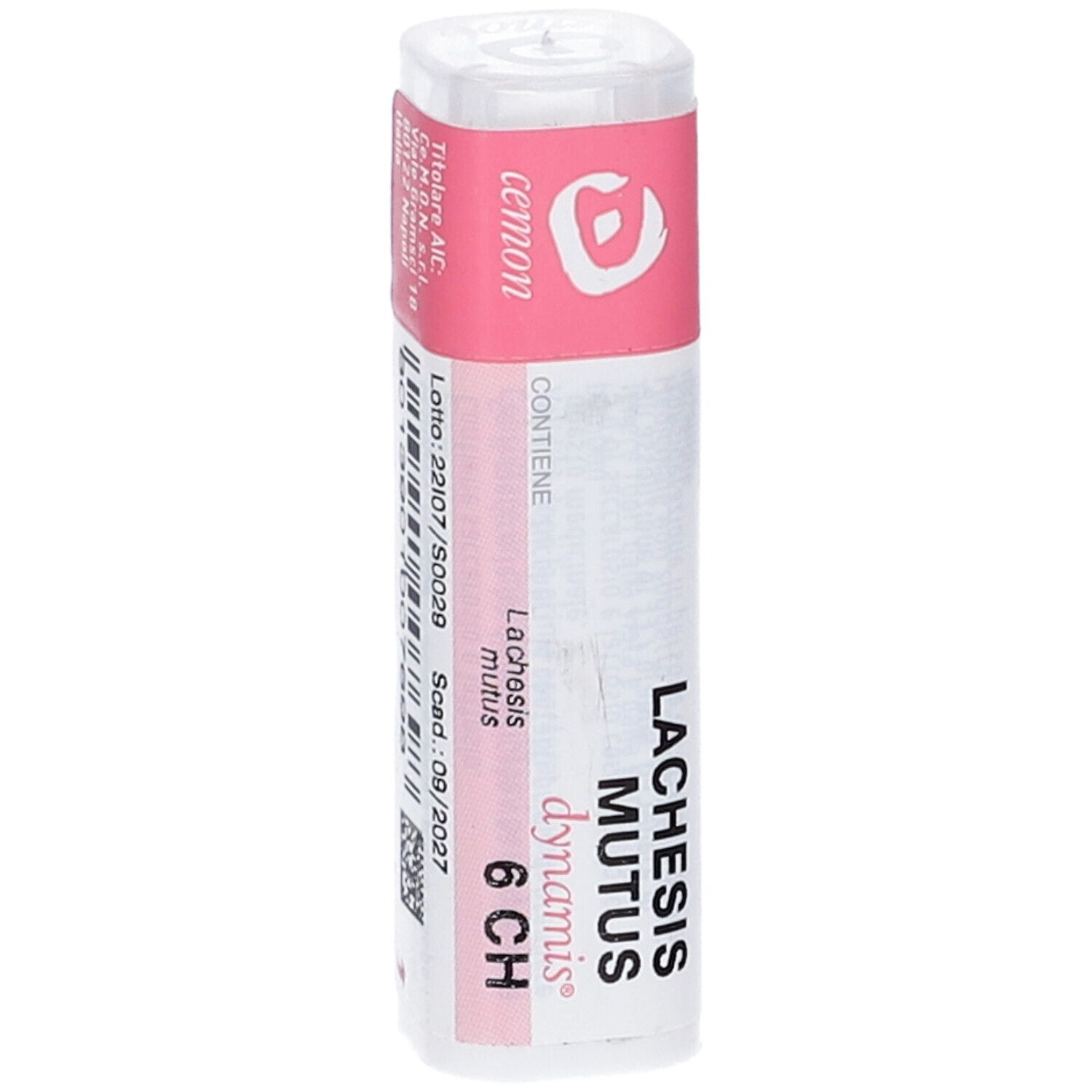 Confezione cilindrica con etichetta rosa. Contiene: Lachesis Mutus 6 CH, Cemon. Codice a barre e scadenza.
