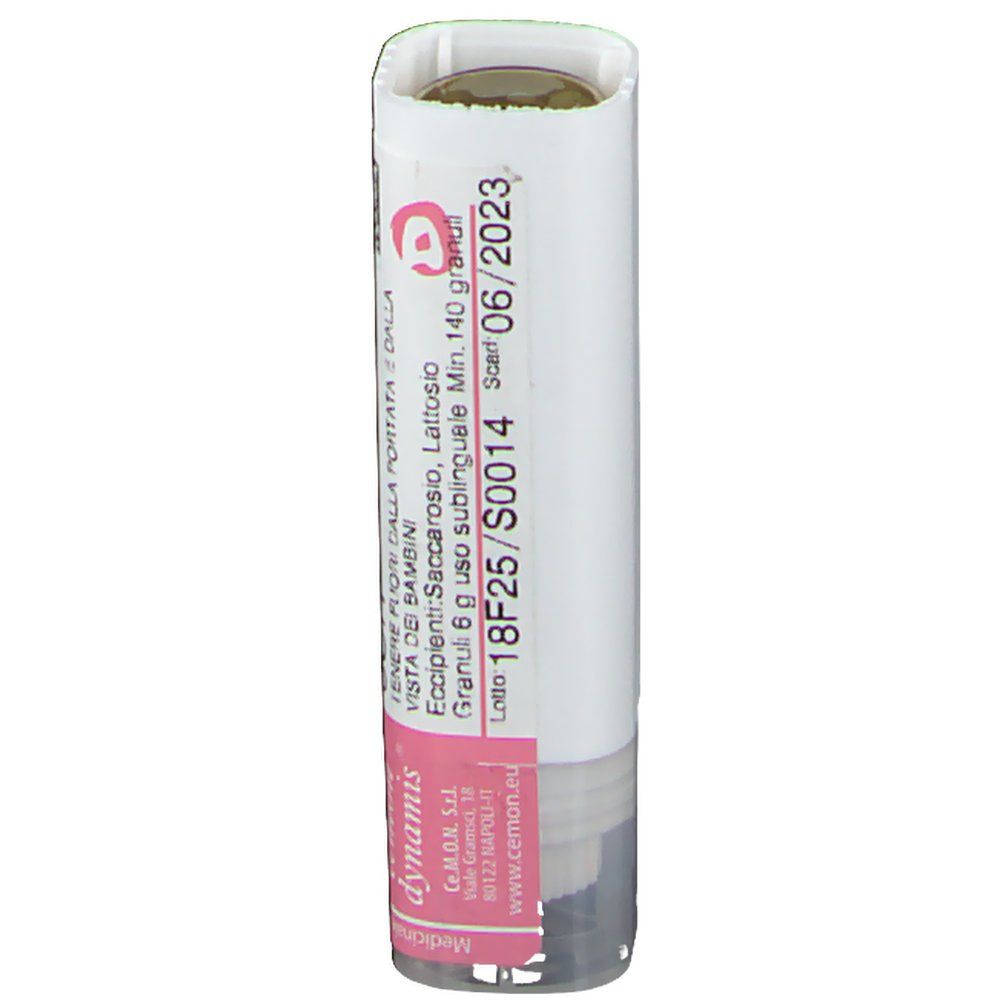 Confezione cilindrica con etichette bianche. Testo: 18F25/S0014, scad. 06/2023, Cemon Dynamis. Altri dettagli testuali e logo.