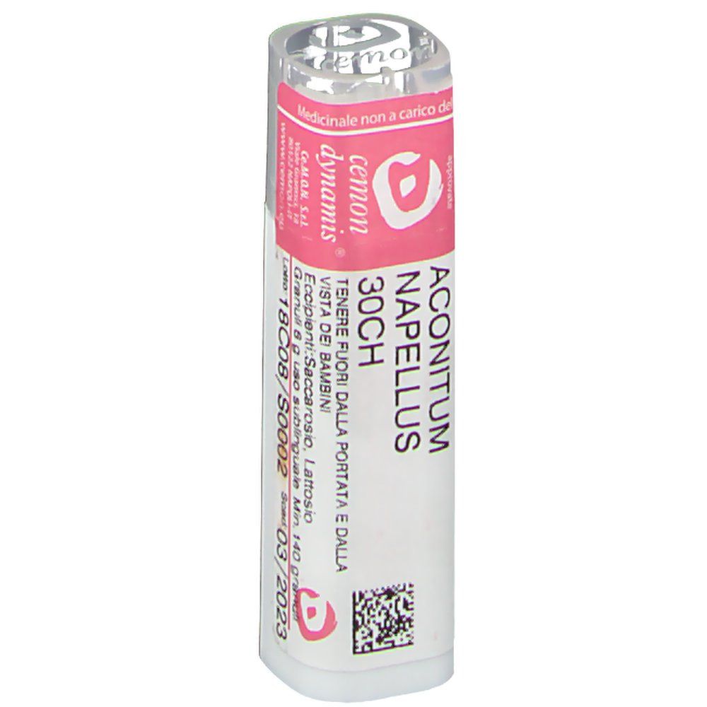 Contenitore cilindrico bianco con etichetta rosa. Scritta: Cemon dynamis, Aconitum Napellus 30CH, scad. 03/2023.