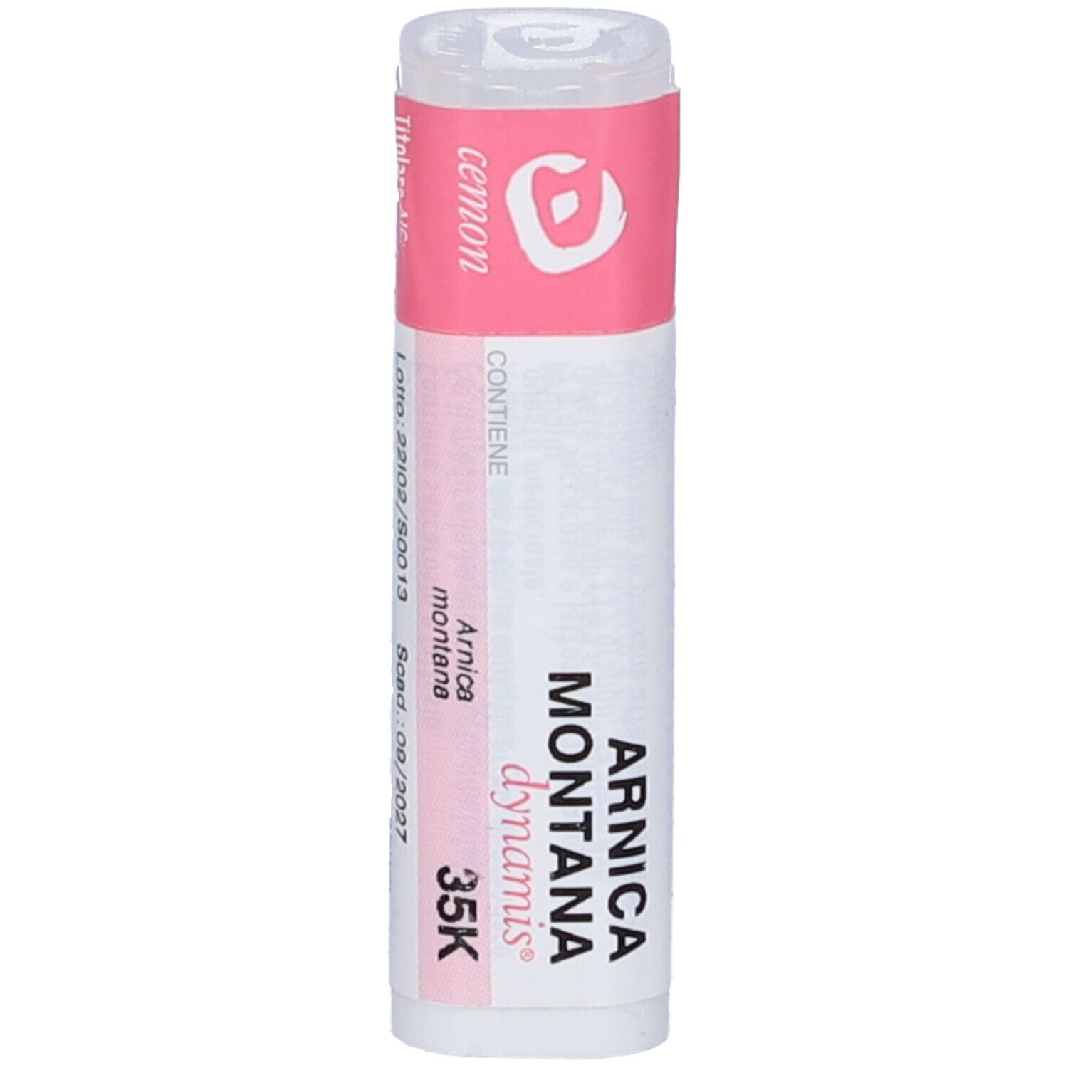 Confezione cilindrica con fascia rosa. Sulla fascia: testo e logo. Scritta: Arnica Montana dynamis 35K. Confezione bianca.
