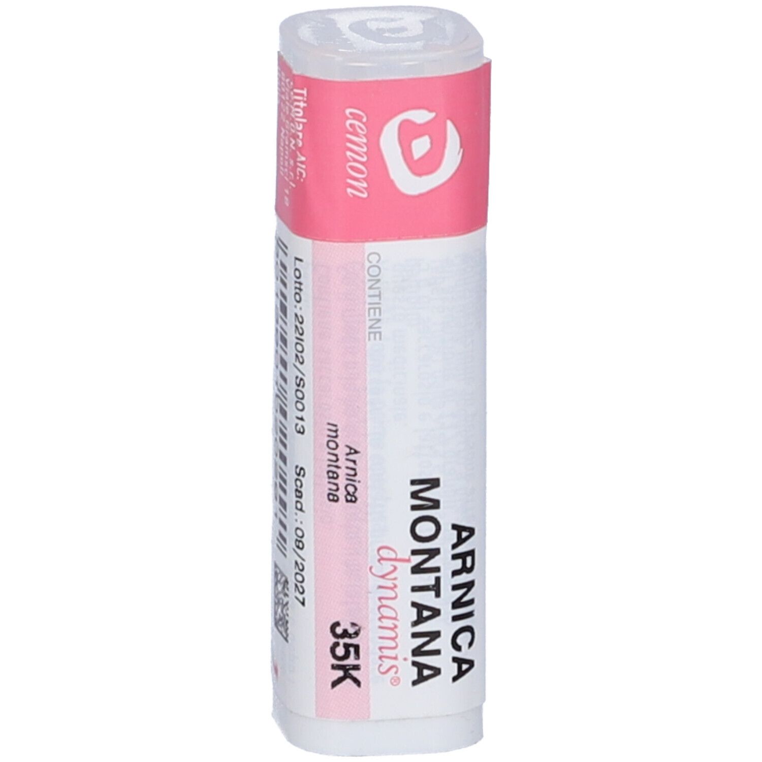 Confezione cilindrica con fascia rosa. Sulla fascia: testo e logo. Scritta: Arnica Montana dynamis 35K. Confezione bianca.