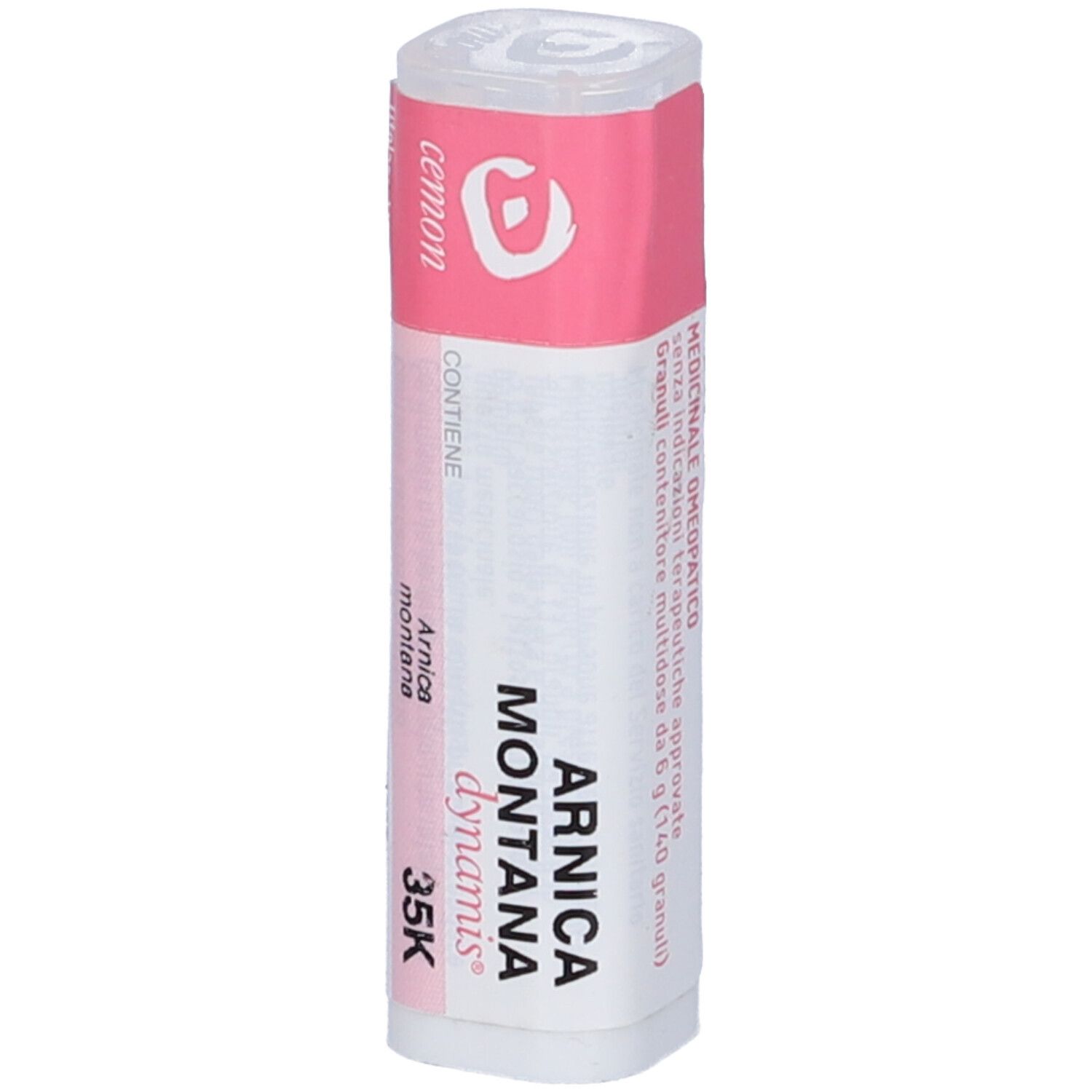 Confezione cilindrica con fascia rosa. Sulla fascia: testo e logo. Scritta: Arnica Montana dynamis 35K. Confezione bianca.