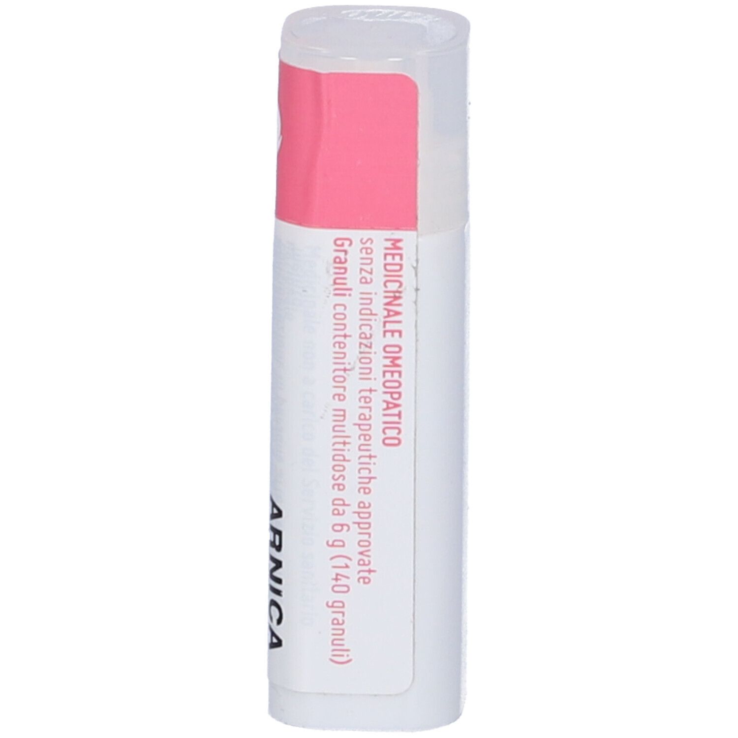 Confezione cilindrica con fascia rosa. Sulla fascia: testo e logo. Scritta: Arnica. Confezione bianca.