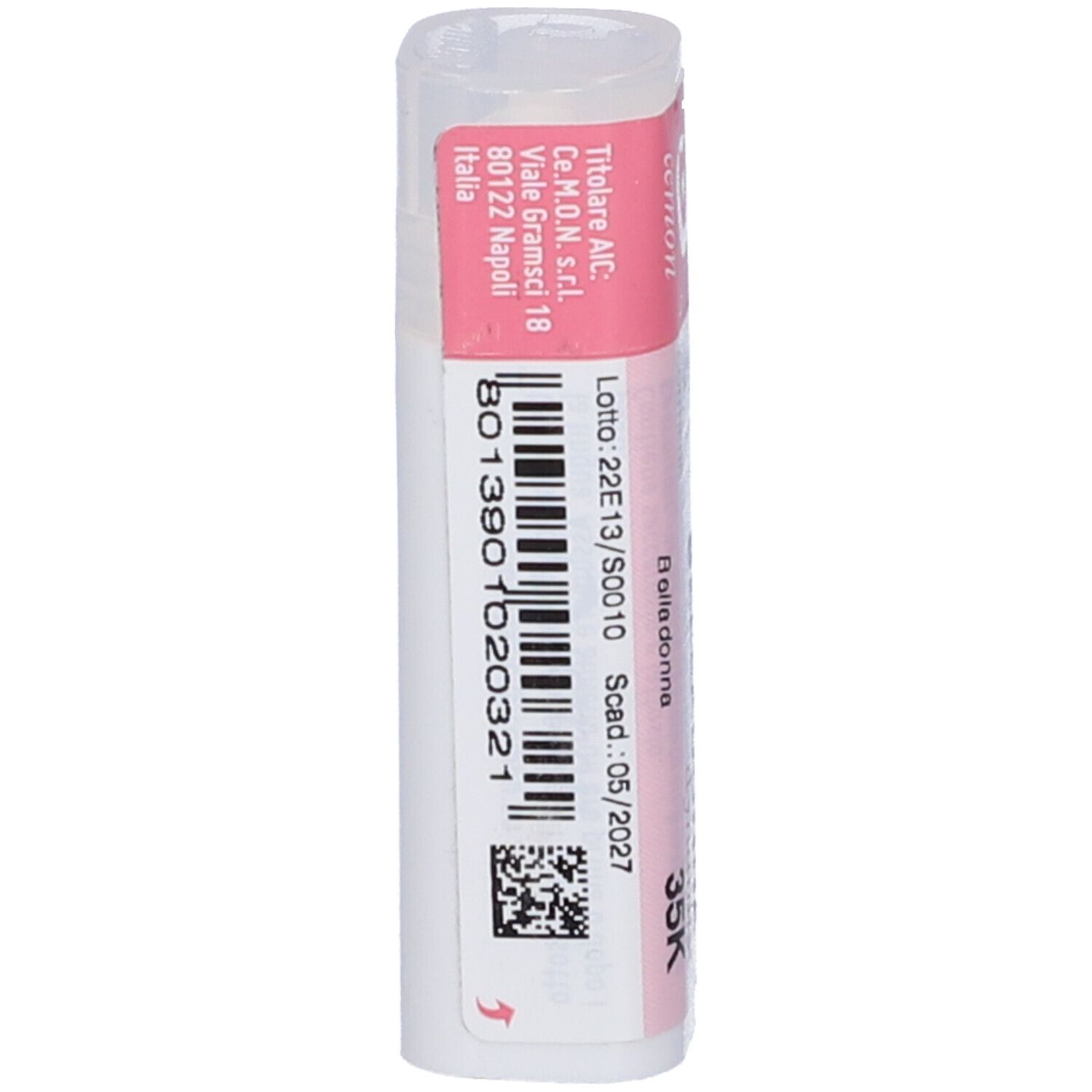 Confezione cilindrica. Etichetta rosa con testo bianco: Belladonna dynamis 35K. Contenitore bianco con coperchio.