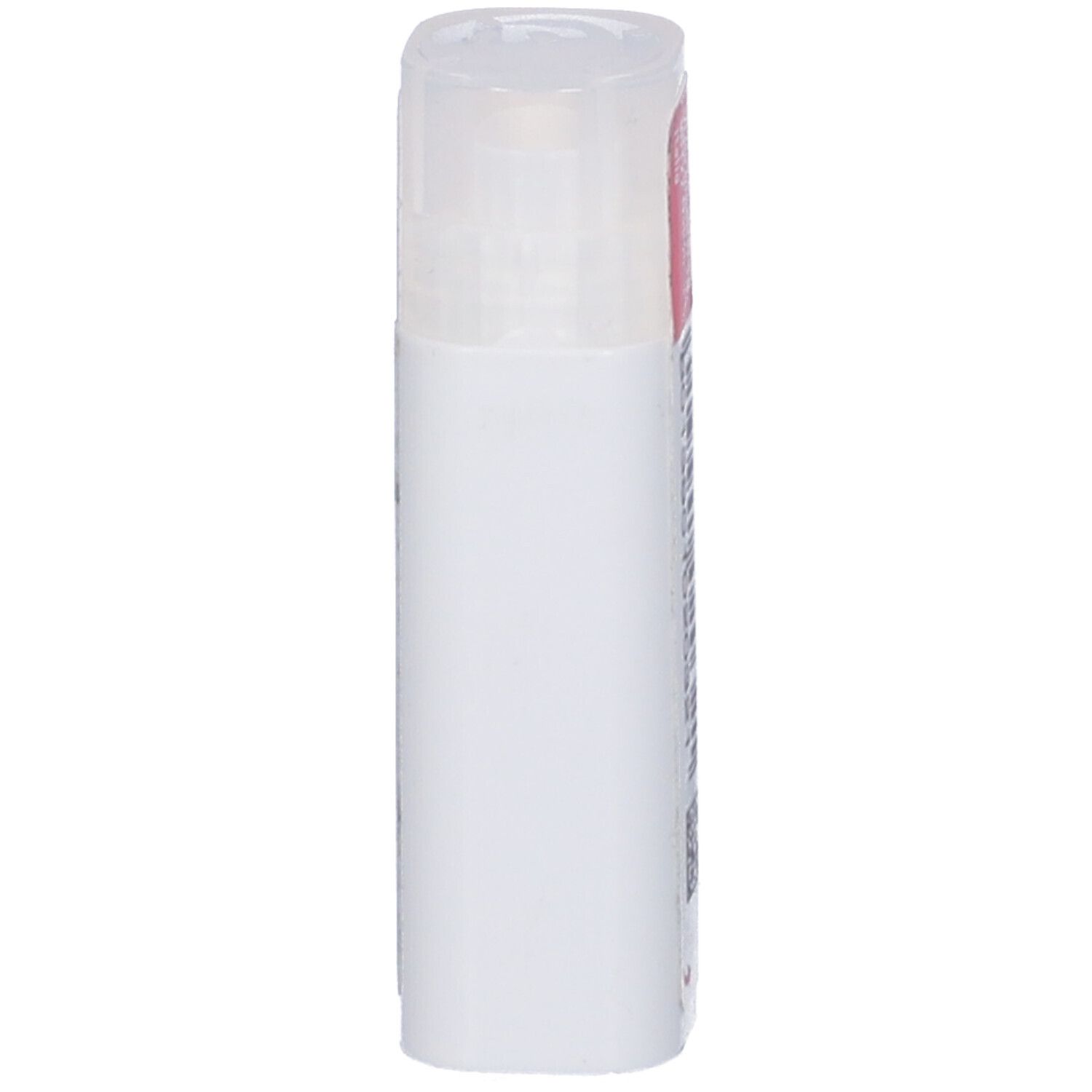 Confezione cilindrica bianca con coperchio trasparente. Etichetta rosa con testo bianco.