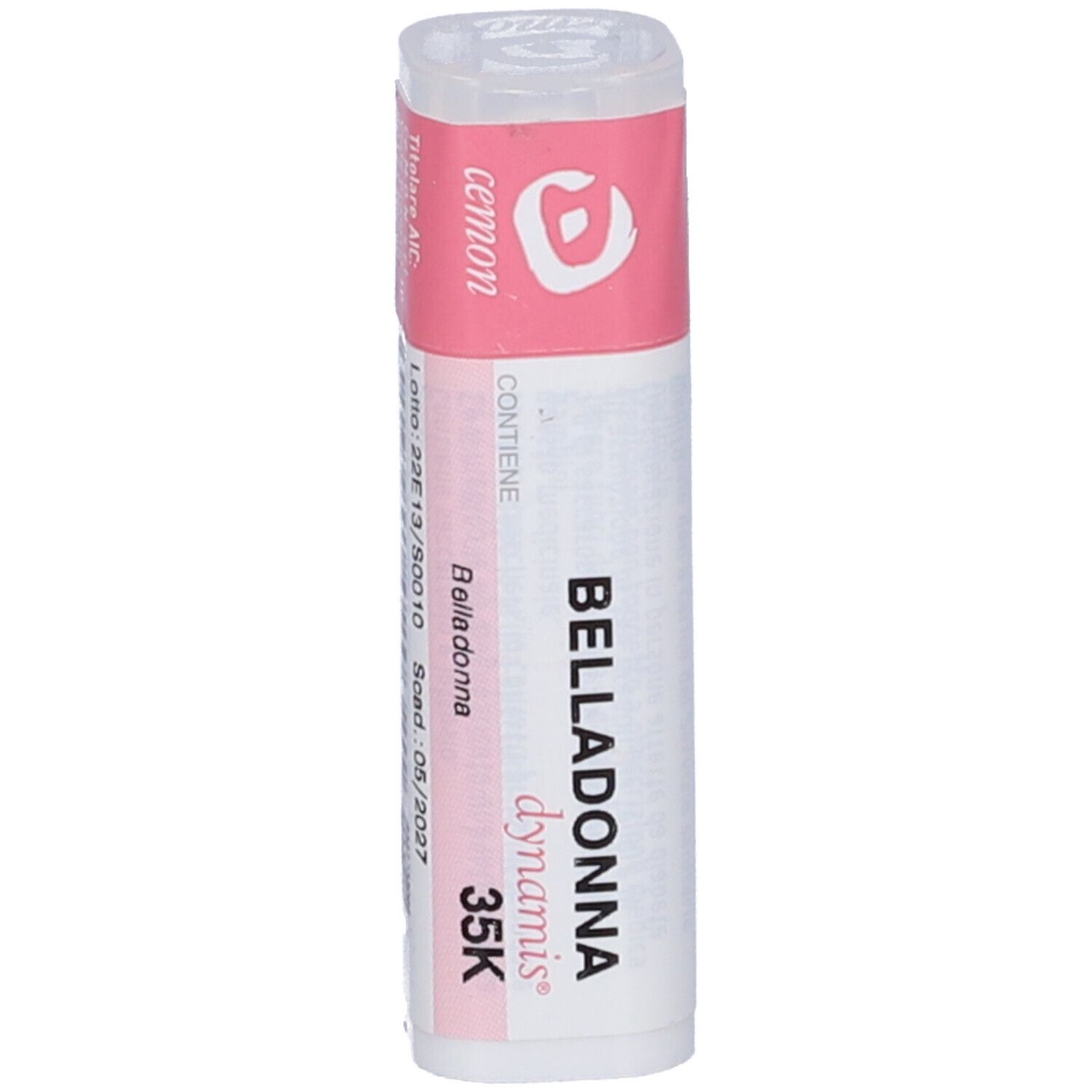 Confezione cilindrica. Etichetta rosa con testo bianco: Belladonna dynamis 35K. Contenitore bianco con coperchio.