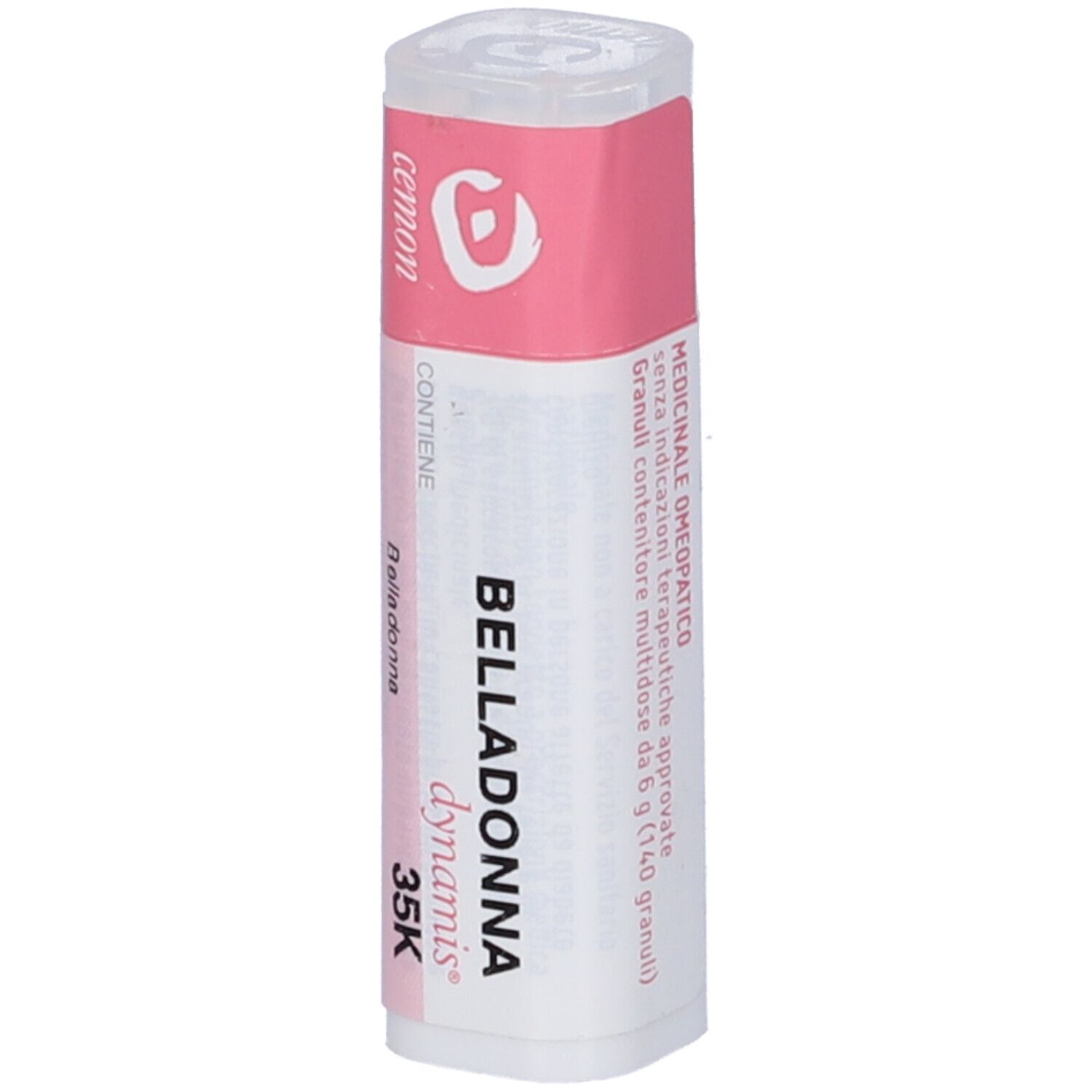 Confezione cilindrica. Etichetta rosa con testo bianco: Belladonna dynamis 35K. Contenitore bianco con coperchio.