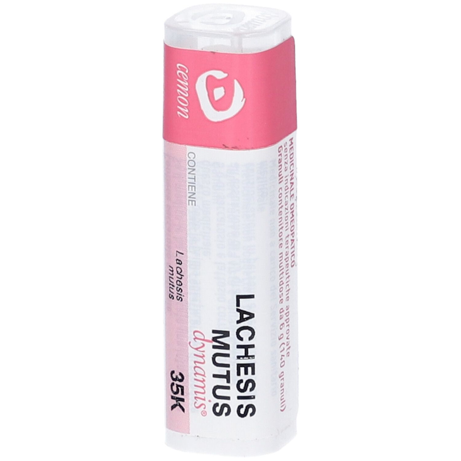 Confezione cilindrica con etichetta rosa e bianca. Scritta: Lachesis mutus 35K, Cemon. Sopra: coperchio.