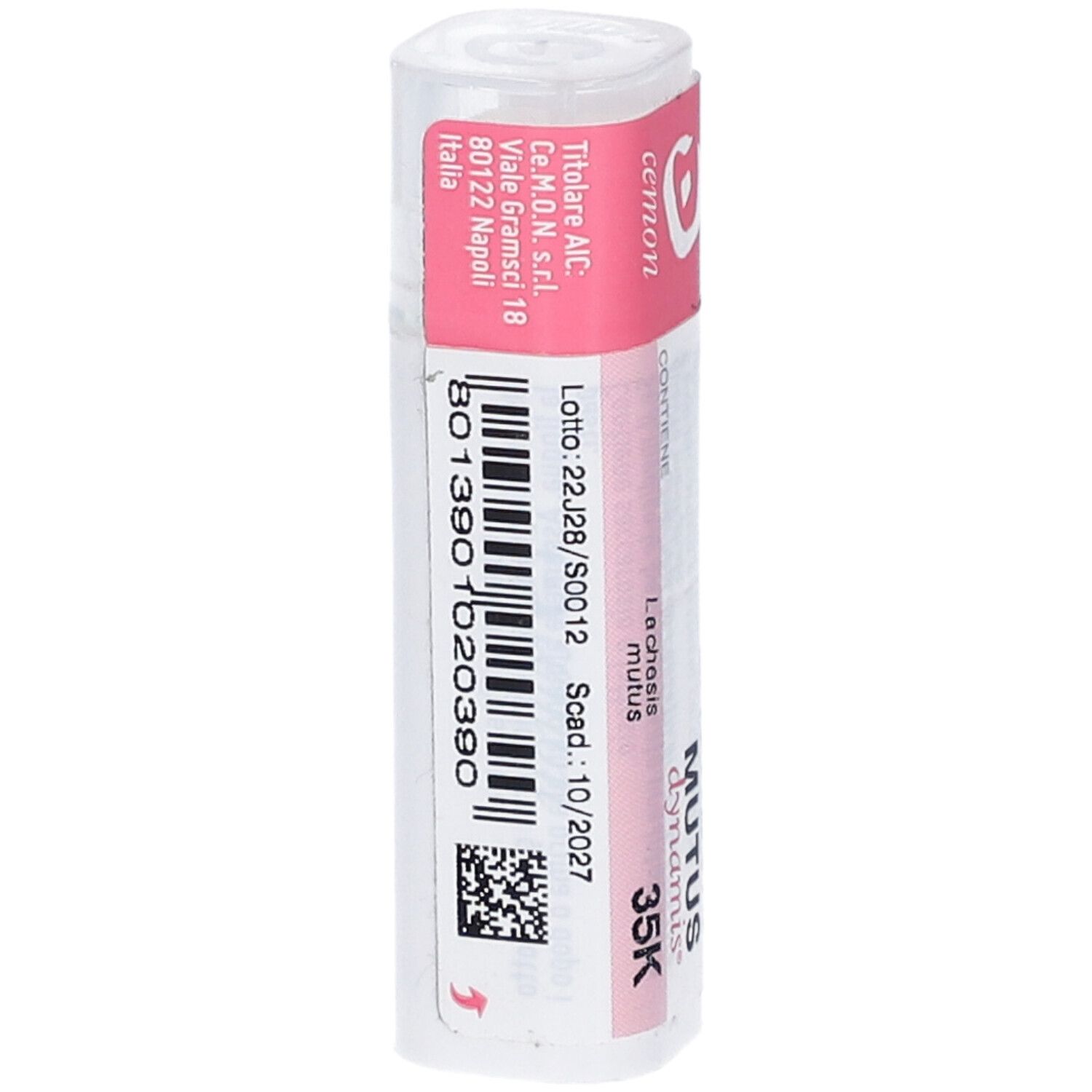 Confezione cilindrica con etichetta rosa e bianca. Scritta: Lachesis mutus 35K, Cemon. Codice a barre e altre informazioni.